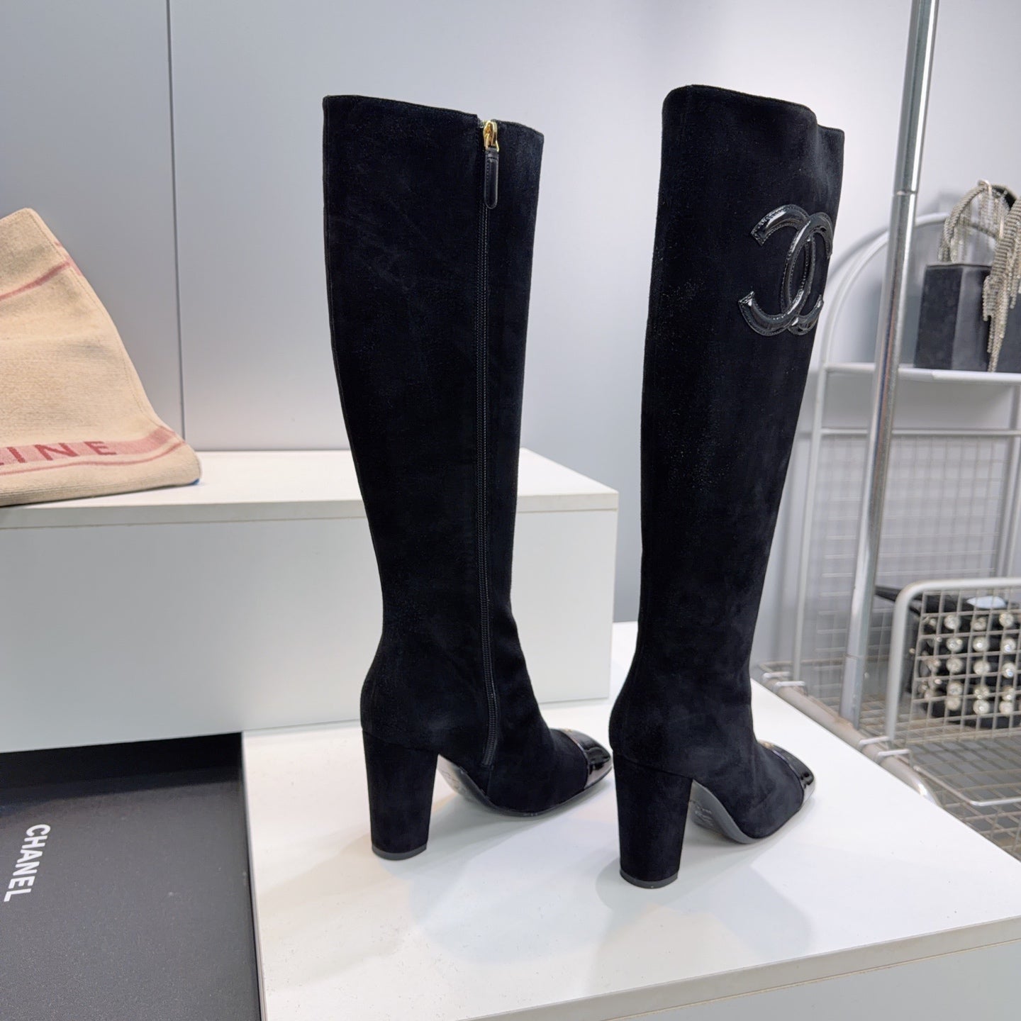 CC 26s Cap-Toe Knee-High Boots 8.5cm Black Stretch Suede 966844