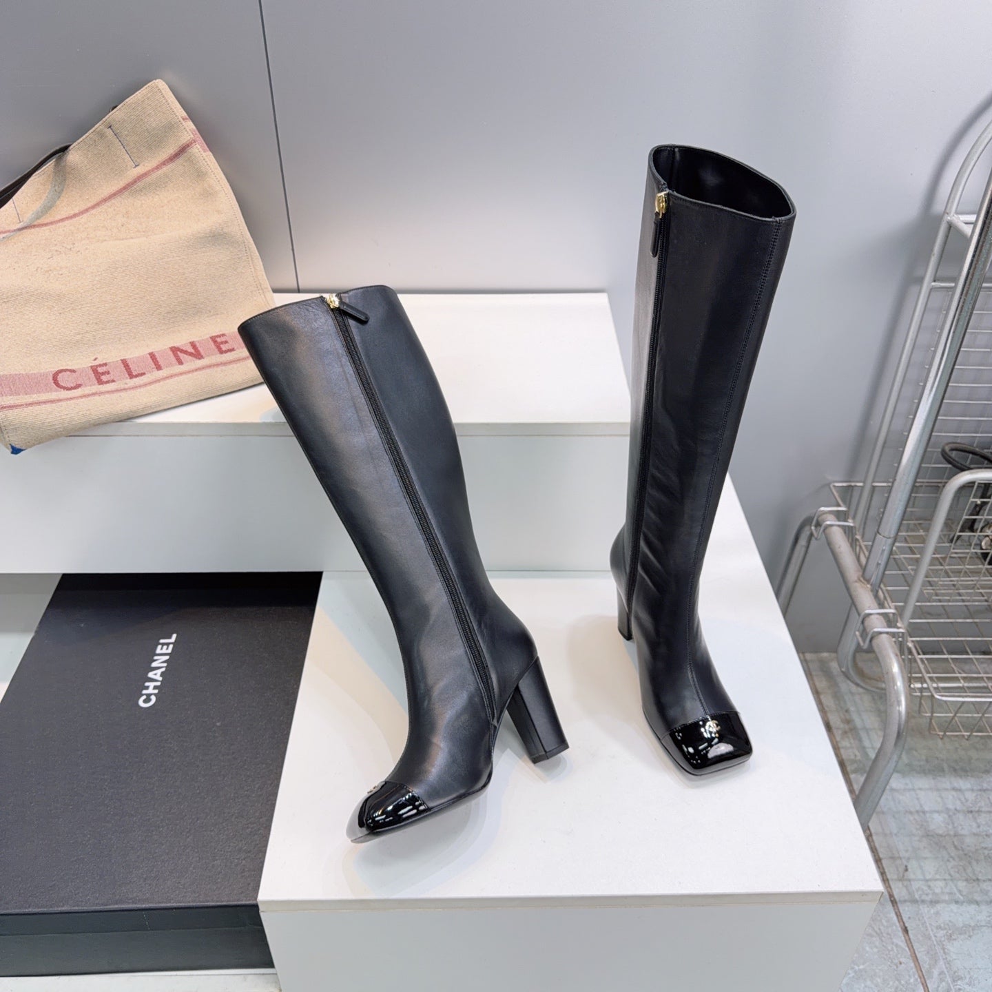 CC 26s Cap-Toe Knee-High Boots 8.5cm Black Stretch Lambskin 966845