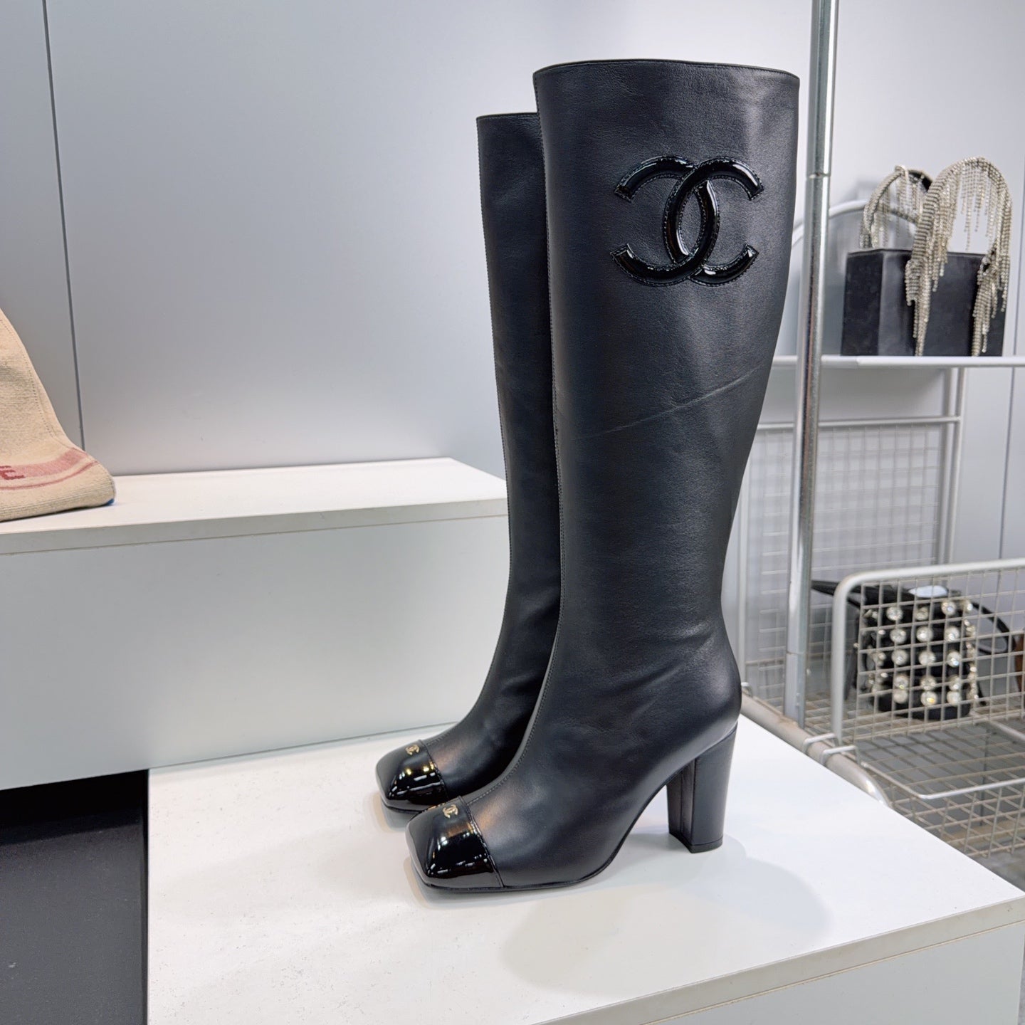 CC 26s Cap-Toe Knee-High Boots 8.5cm Black Stretch Lambskin 966845