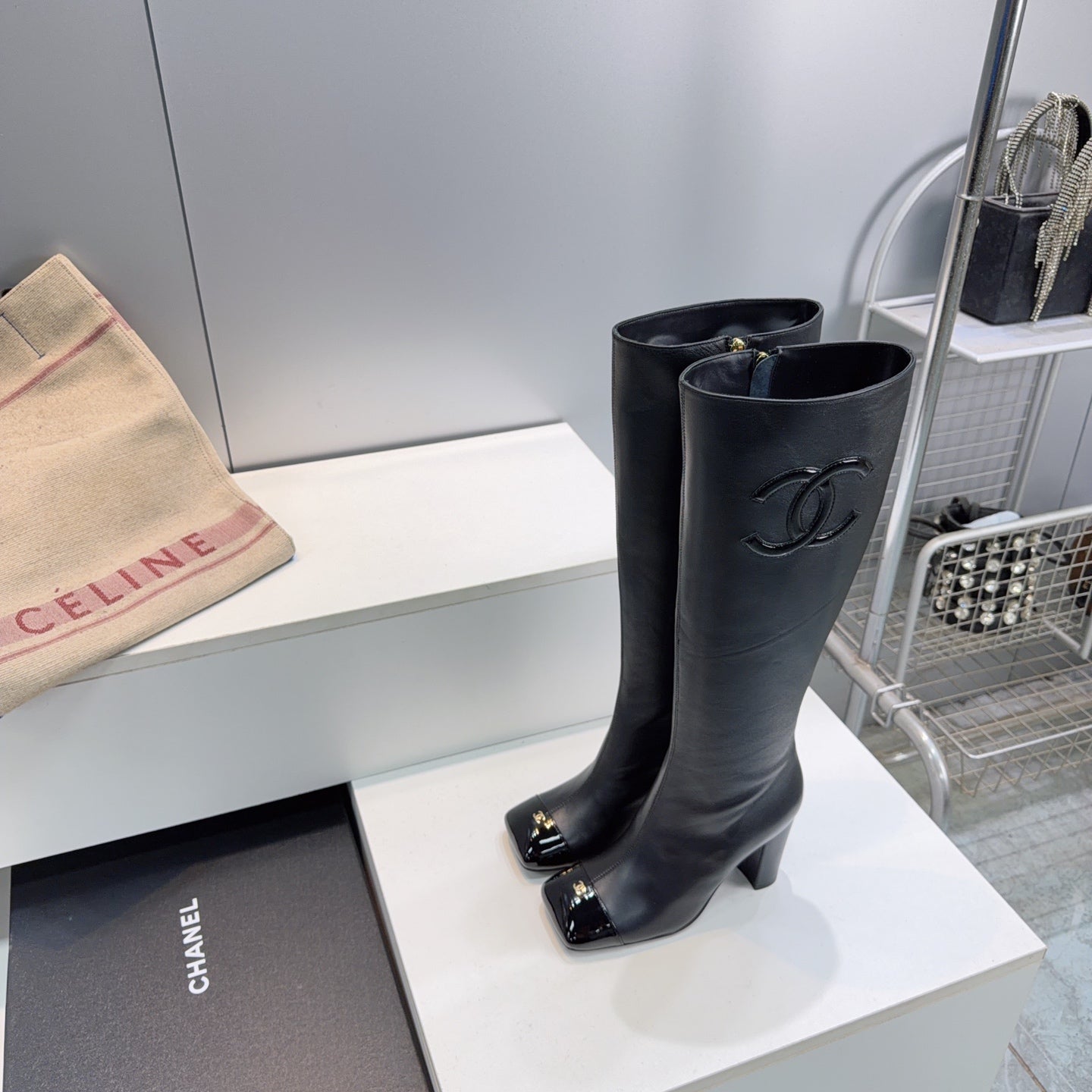 CC 26s Cap-Toe Knee-High Boots 8.5cm Black Stretch Lambskin 966845