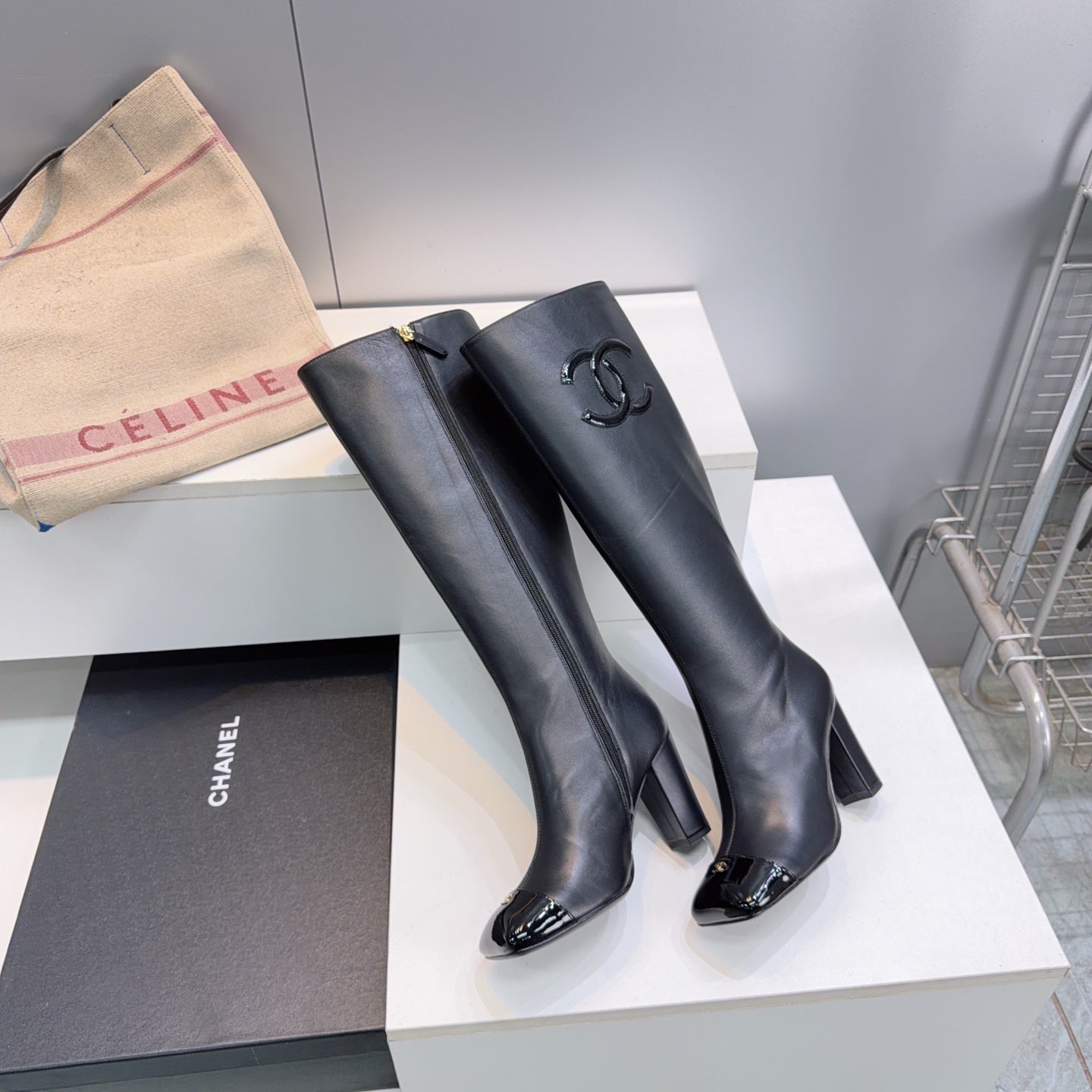 CC 26s Cap-Toe Knee-High Boots 8.5cm Black Stretch Lambskin 966845