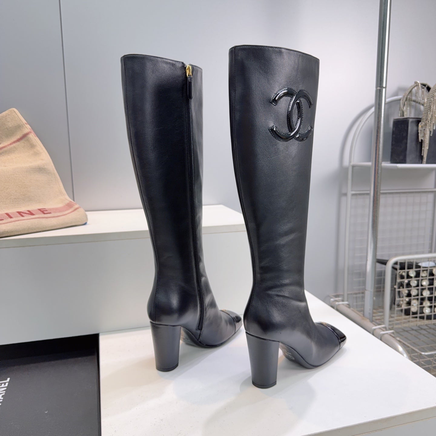 CC 26s Cap-Toe Knee-High Boots 8.5cm Black Stretch Lambskin 966845