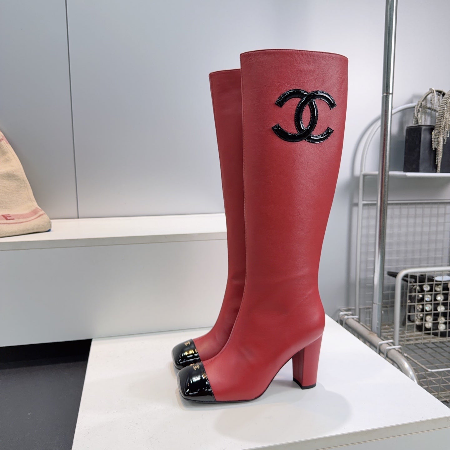 CC 26s Cap-Toe Knee-High Boots 8.5cm Red Stretch Lambskin 966846
