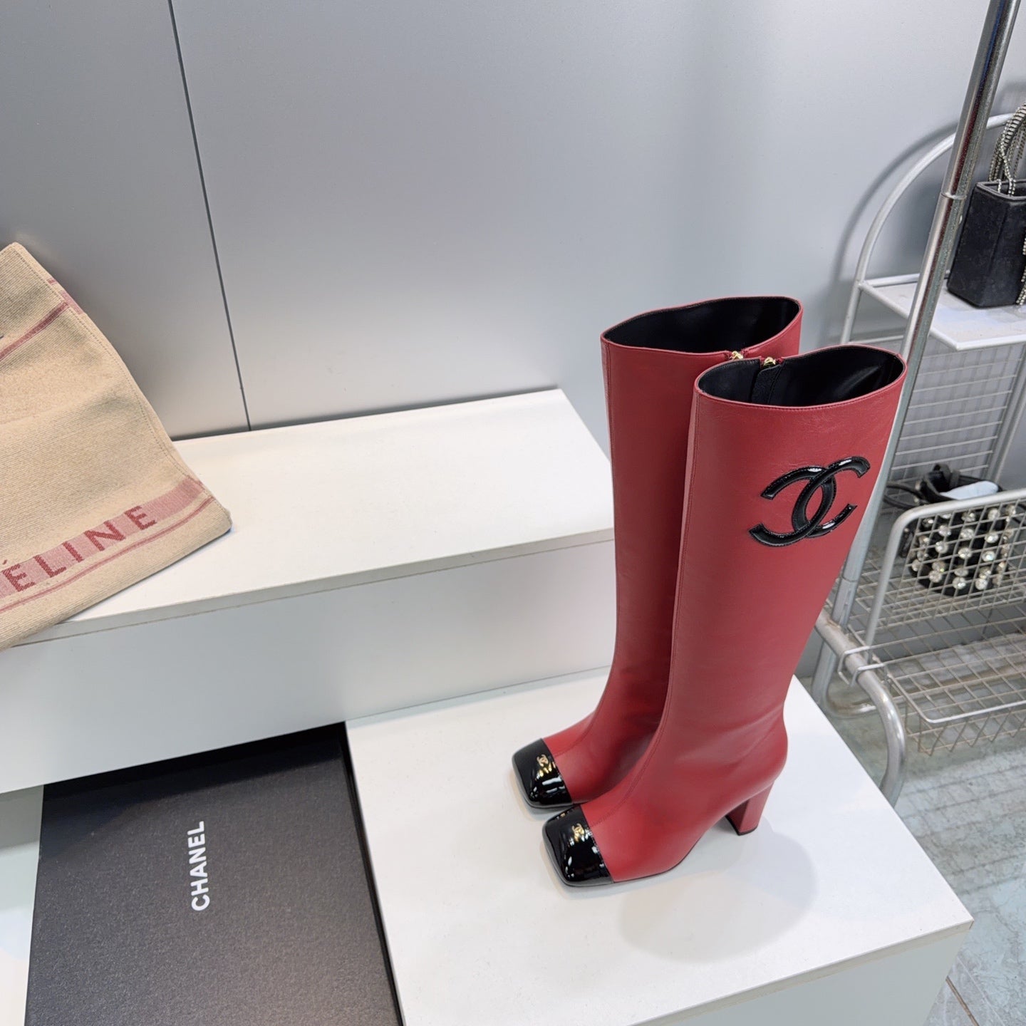 CC 26s Cap-Toe Knee-High Boots 8.5cm Red Stretch Lambskin 966846