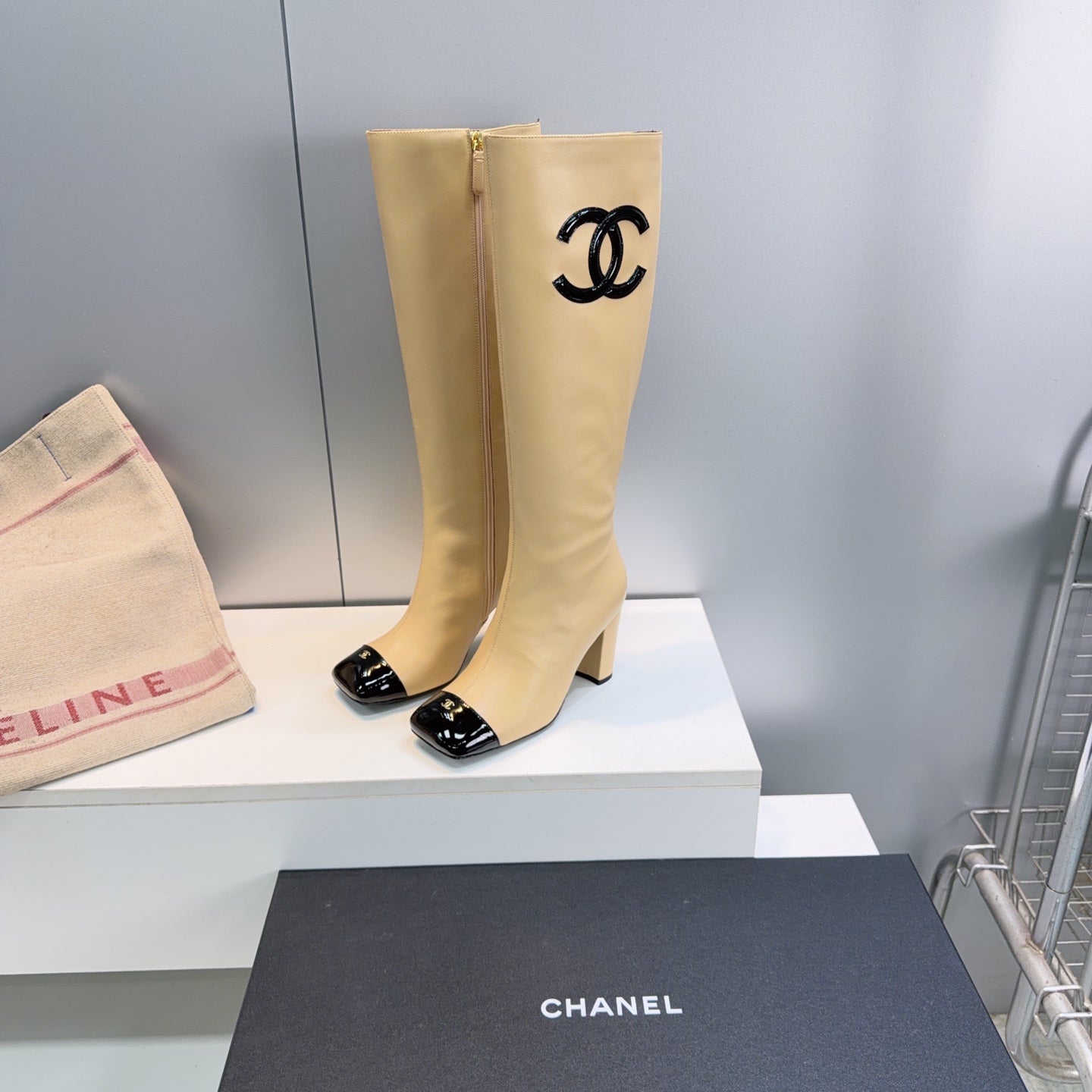 CC 26s Cap-Toe Knee-High Boots 8.5cm Beige Stretch Lambskin 966847