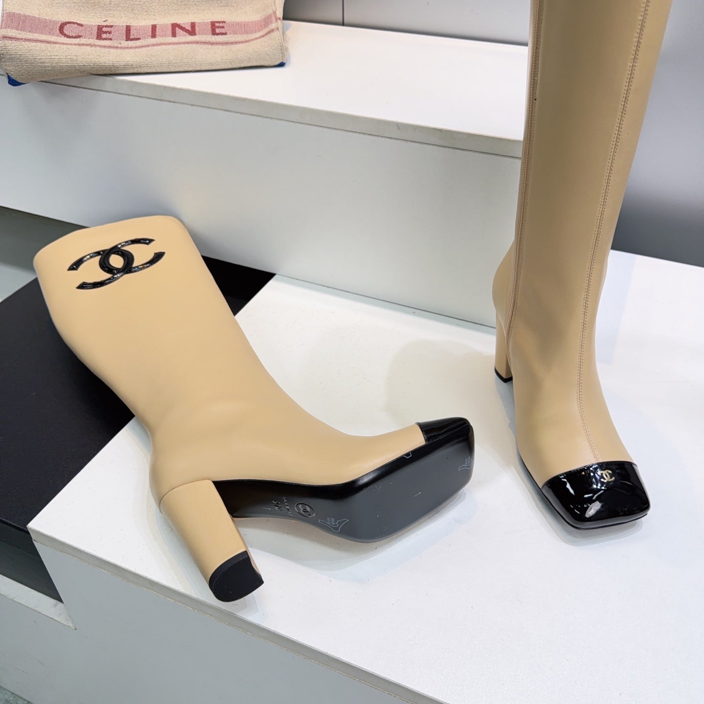 CC 26s Cap-Toe Knee-High Boots 8.5cm Beige Stretch Lambskin 966847