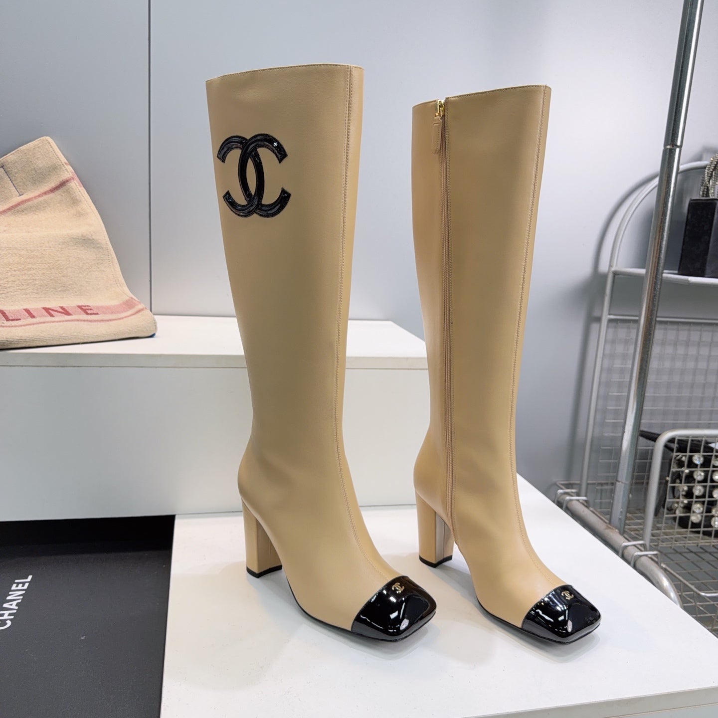 CC 26s Cap-Toe Knee-High Boots 8.5cm Beige Stretch Lambskin 966847