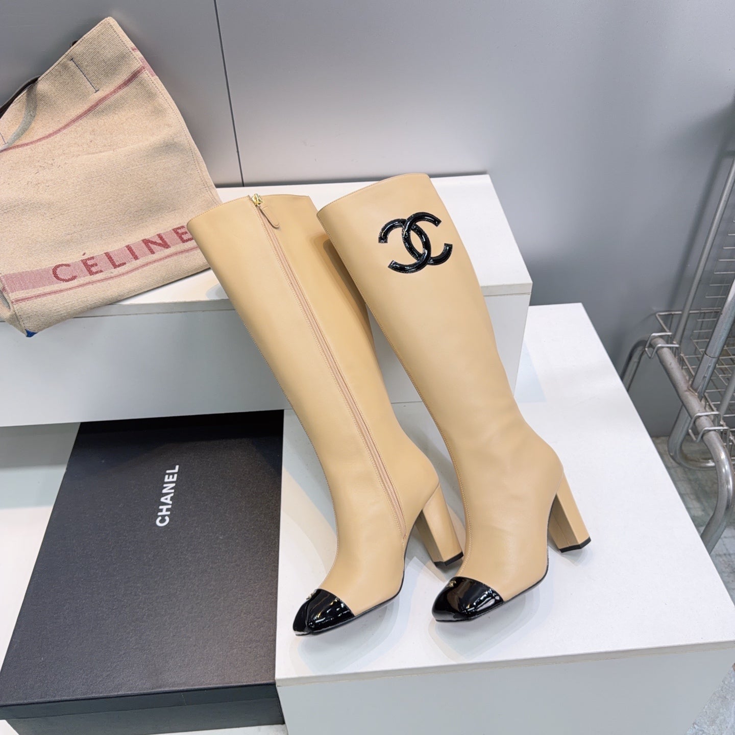 CC 26s Cap-Toe Knee-High Boots 8.5cm Beige Stretch Lambskin 966847
