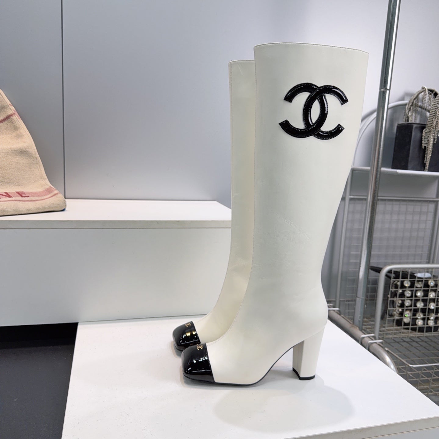 CC 26s Cap-Toe Knee-High Boots 8.5cm White Stretch Lambskin 966848