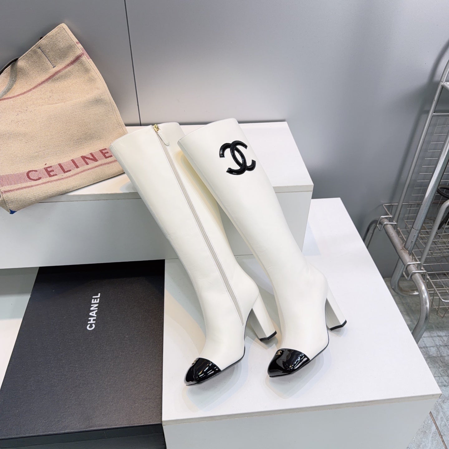 CC 26s Cap-Toe Knee-High Boots 8.5cm White Stretch Lambskin 966848