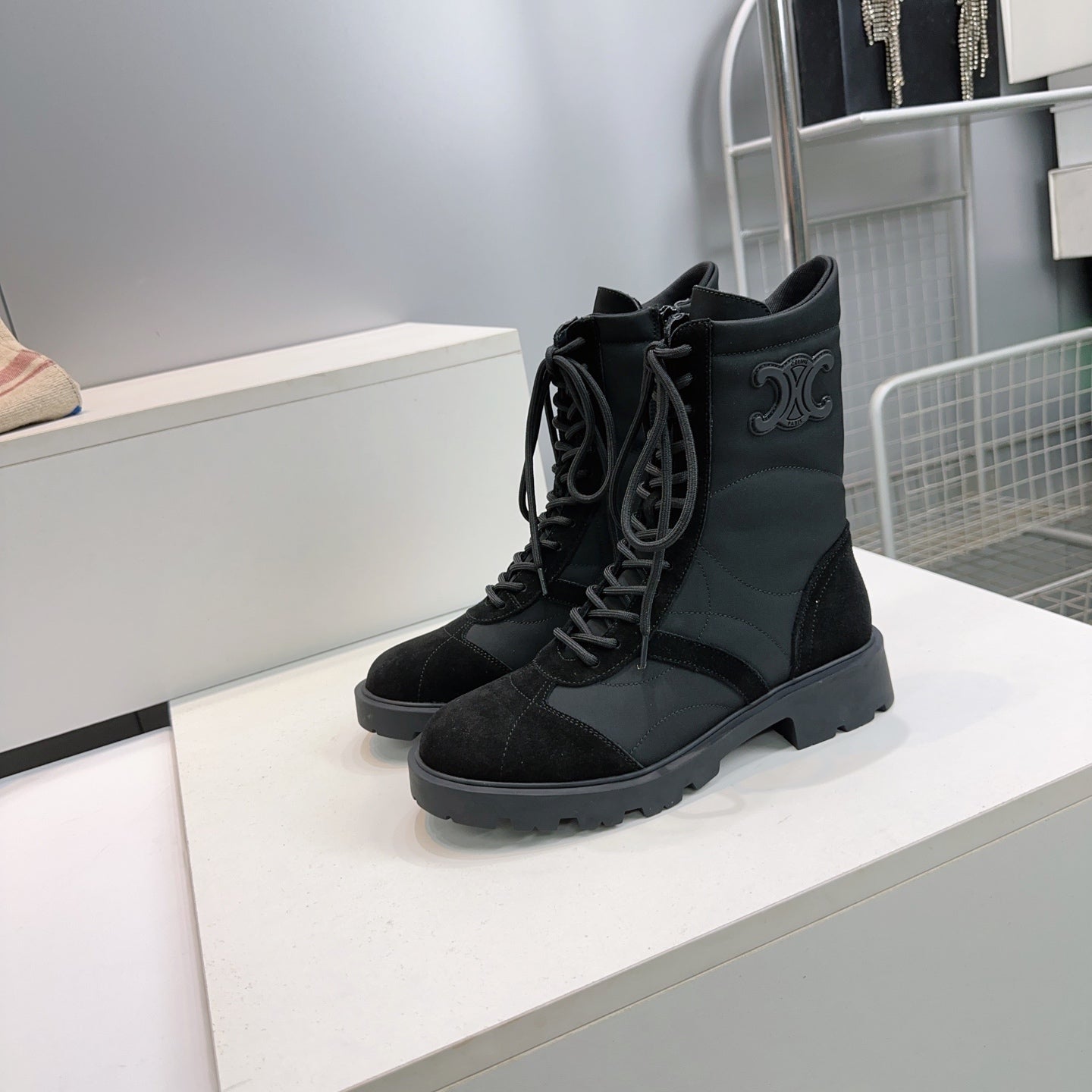 Celine 26s Triomphe Lace-Up Combat Boots Black Suede Leather 107299