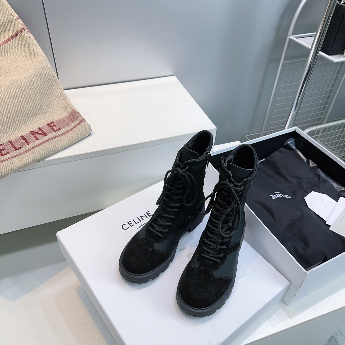 Celine 26s Triomphe Lace-Up Combat Boots Black Suede Leather 107299