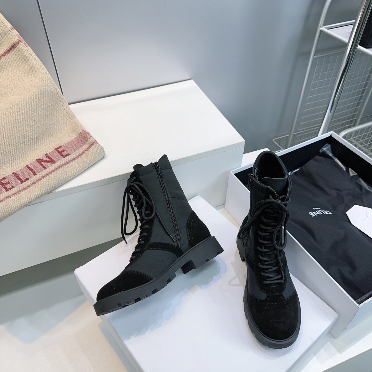 Celine 26s Triomphe Lace-Up Combat Boots Black Suede Leather 107299