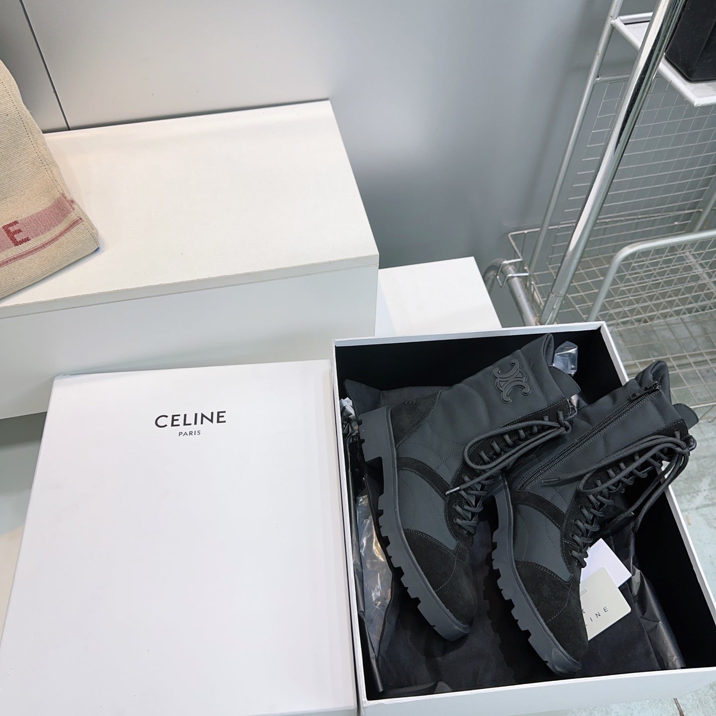 Celine 26s Triomphe Lace-Up Combat Boots Black Suede Leather 107299