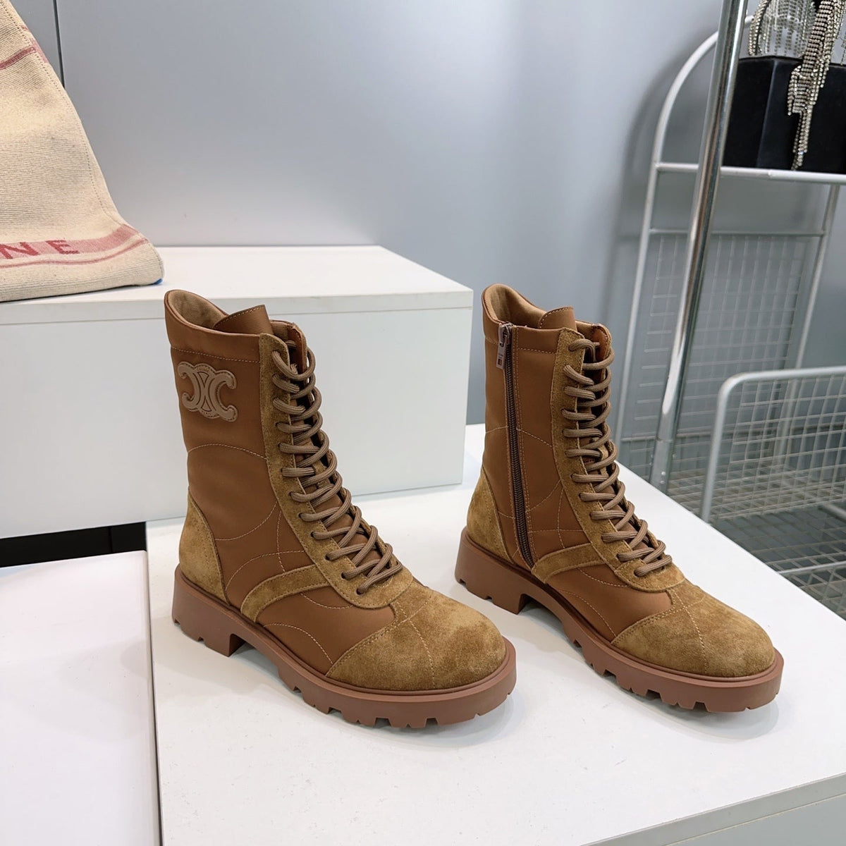 Celine 26s Triomphe Lace-Up Combat Boots Tan Suede Leather 107300