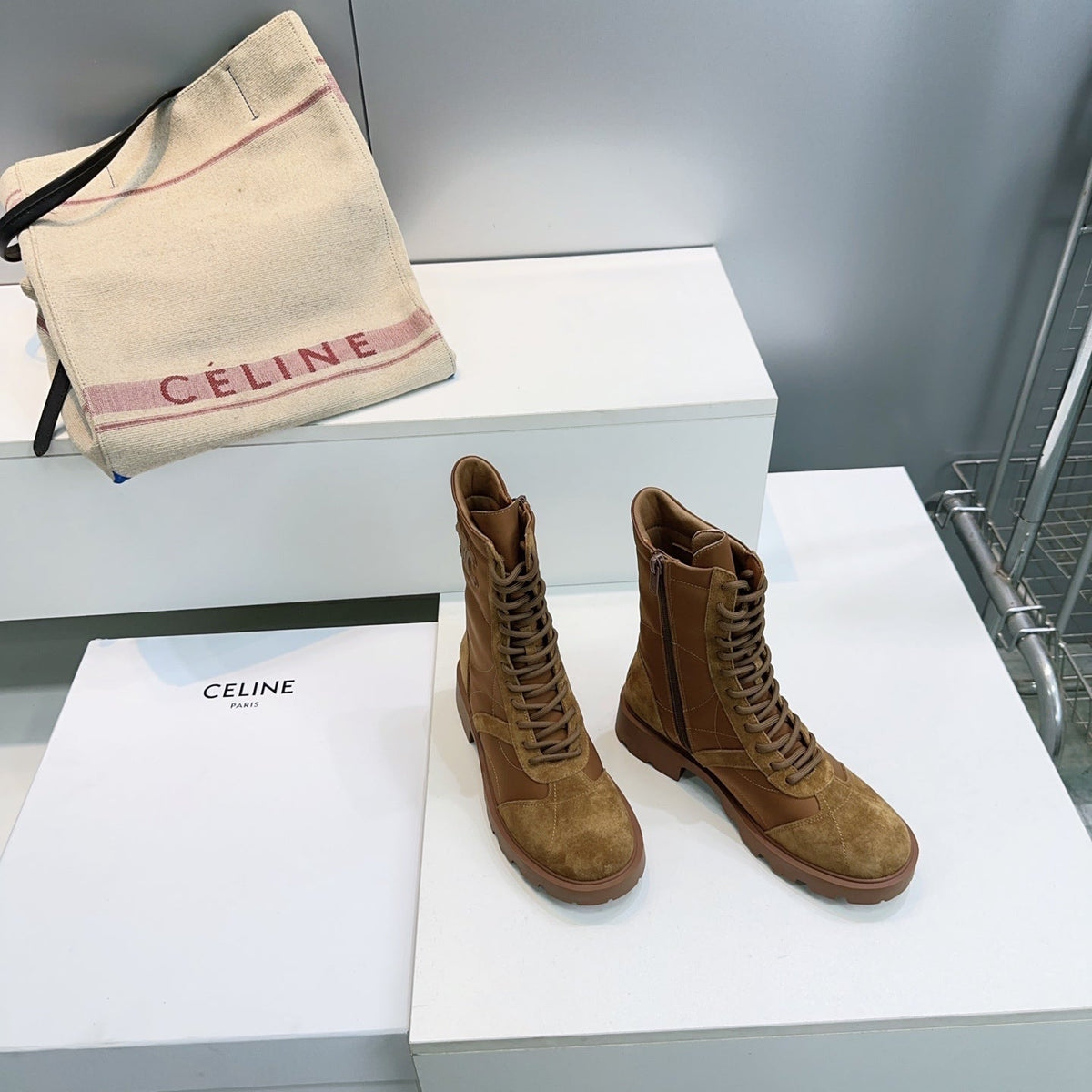 Celine 26s Triomphe Lace-Up Combat Boots Tan Suede Leather 107300