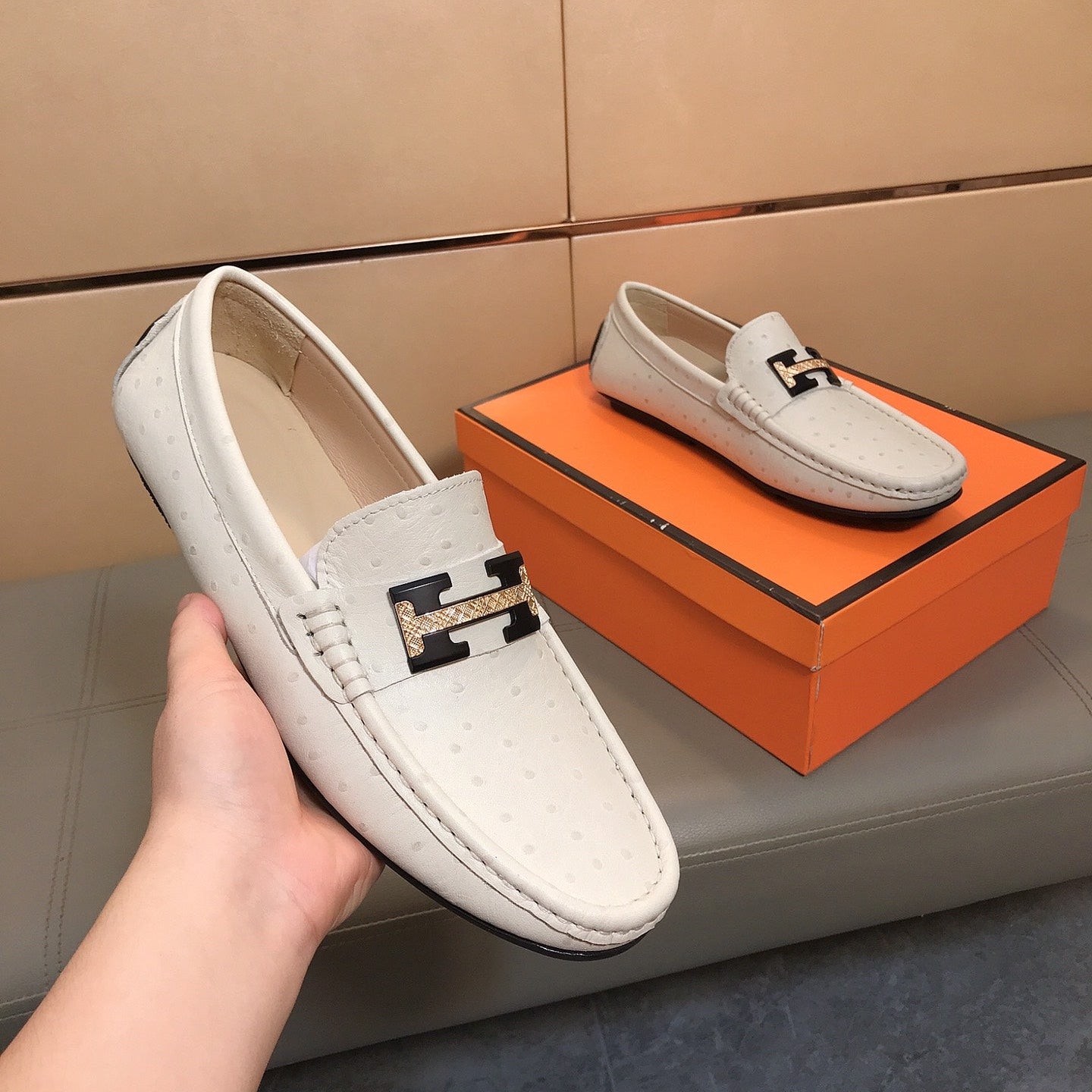 HM Men's Casual Loafers White Cowhide 892141