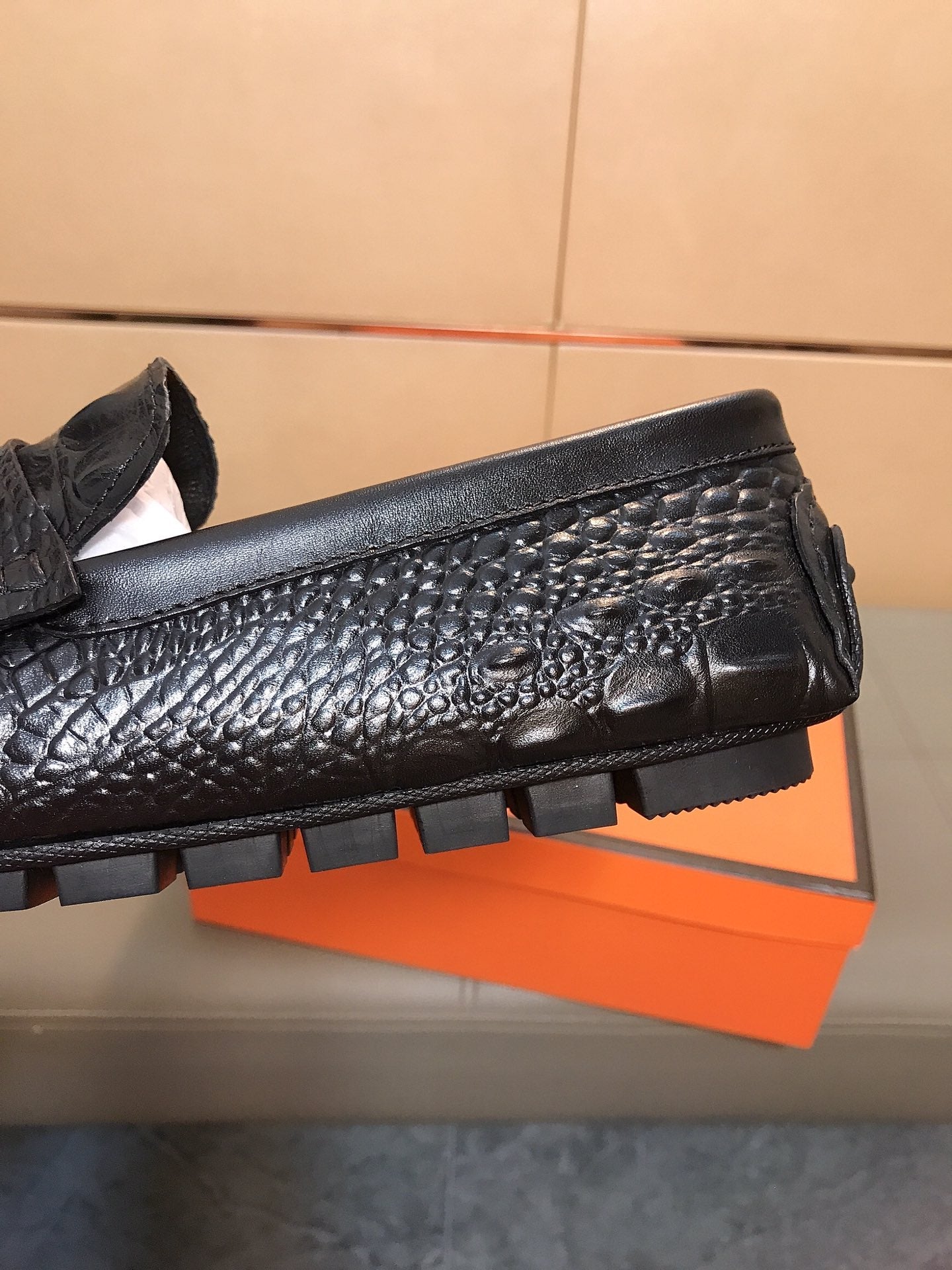 HM Men's Casual Loafers Black Crocodile-embossed Cowhide 892153