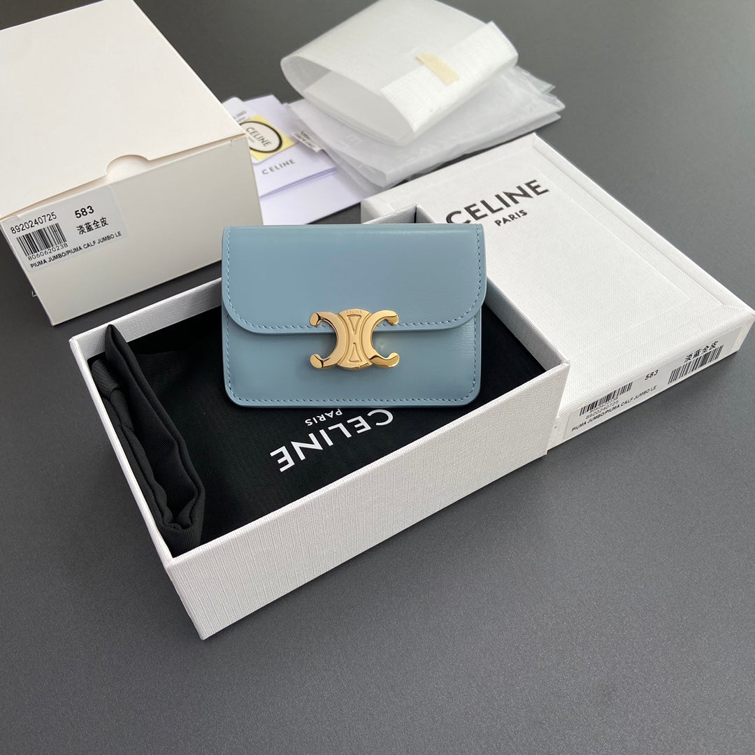 TRIOMPHE 10i583 Flap Card Holder Blue Shiny Cowhide