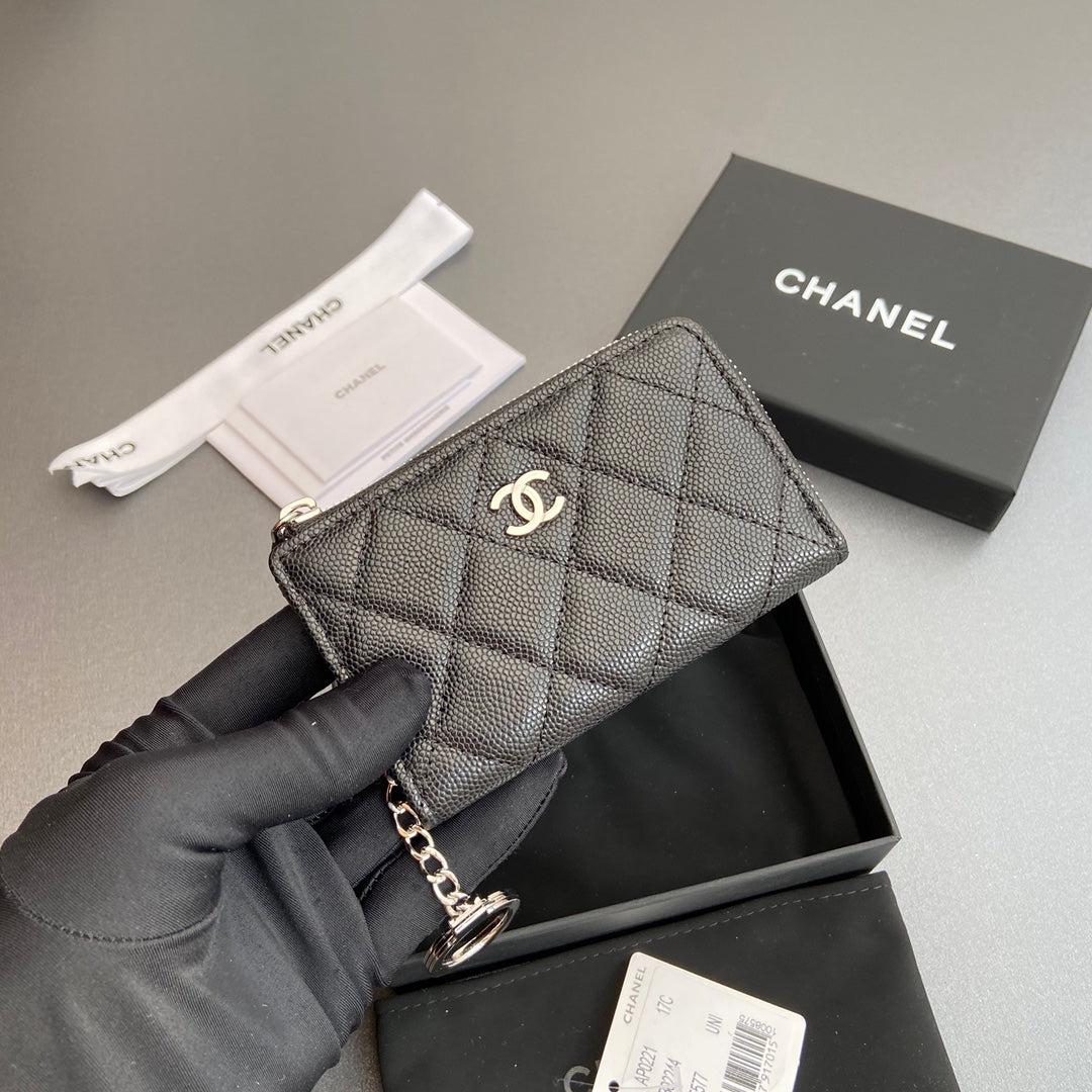 CC Hook & Chain Zipper Card Holder Black Caviar Sliver Steel 234731