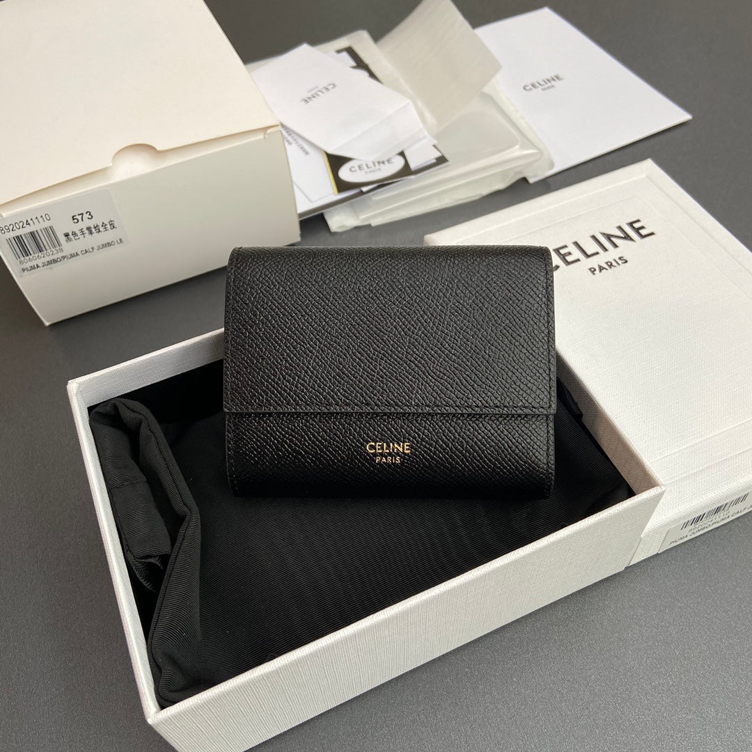 TRIOMPHE Tri-fold Wallet Black Grain Cowhide