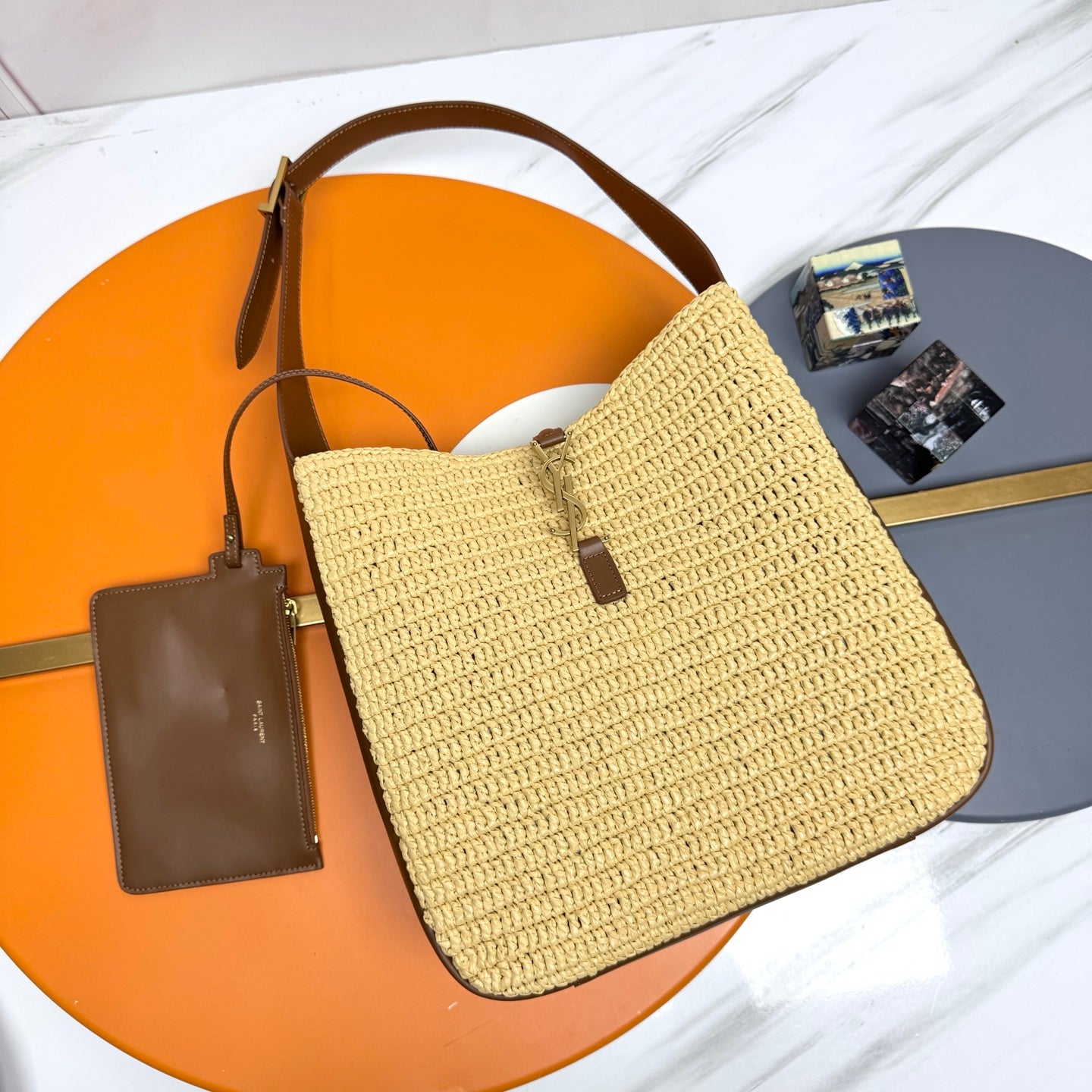 YSL 5A7 Large Bag 30cm Beige Raffia