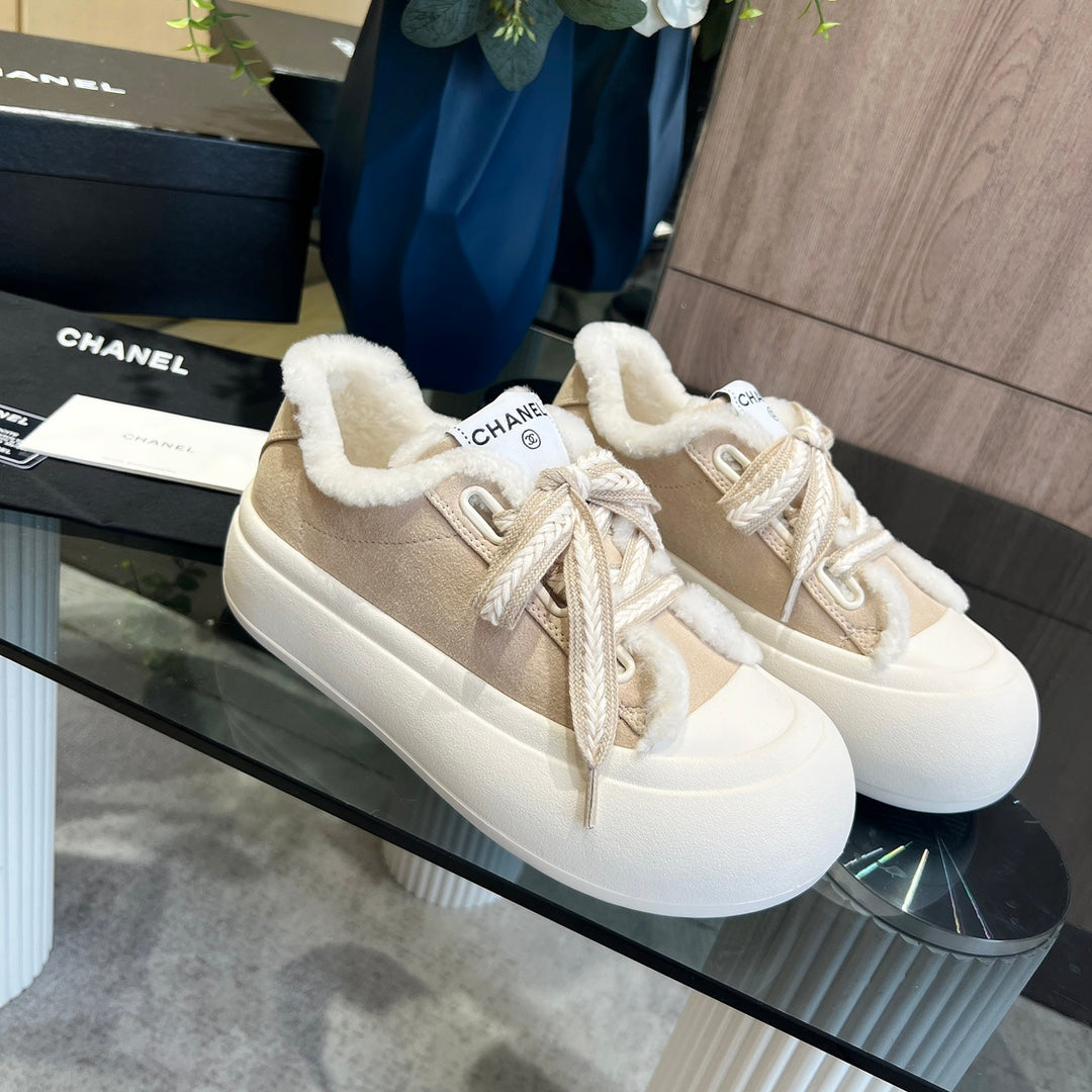 CC Sneaker Thick-Soled Beige Suede Wool Lining Fleece