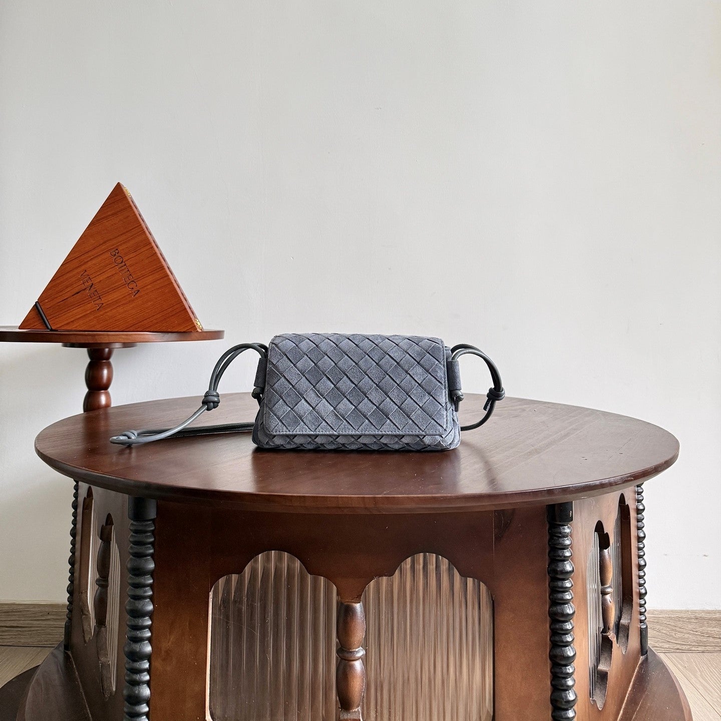 BV Notturno Flap Bag Grey Suede Intrecciato Leather