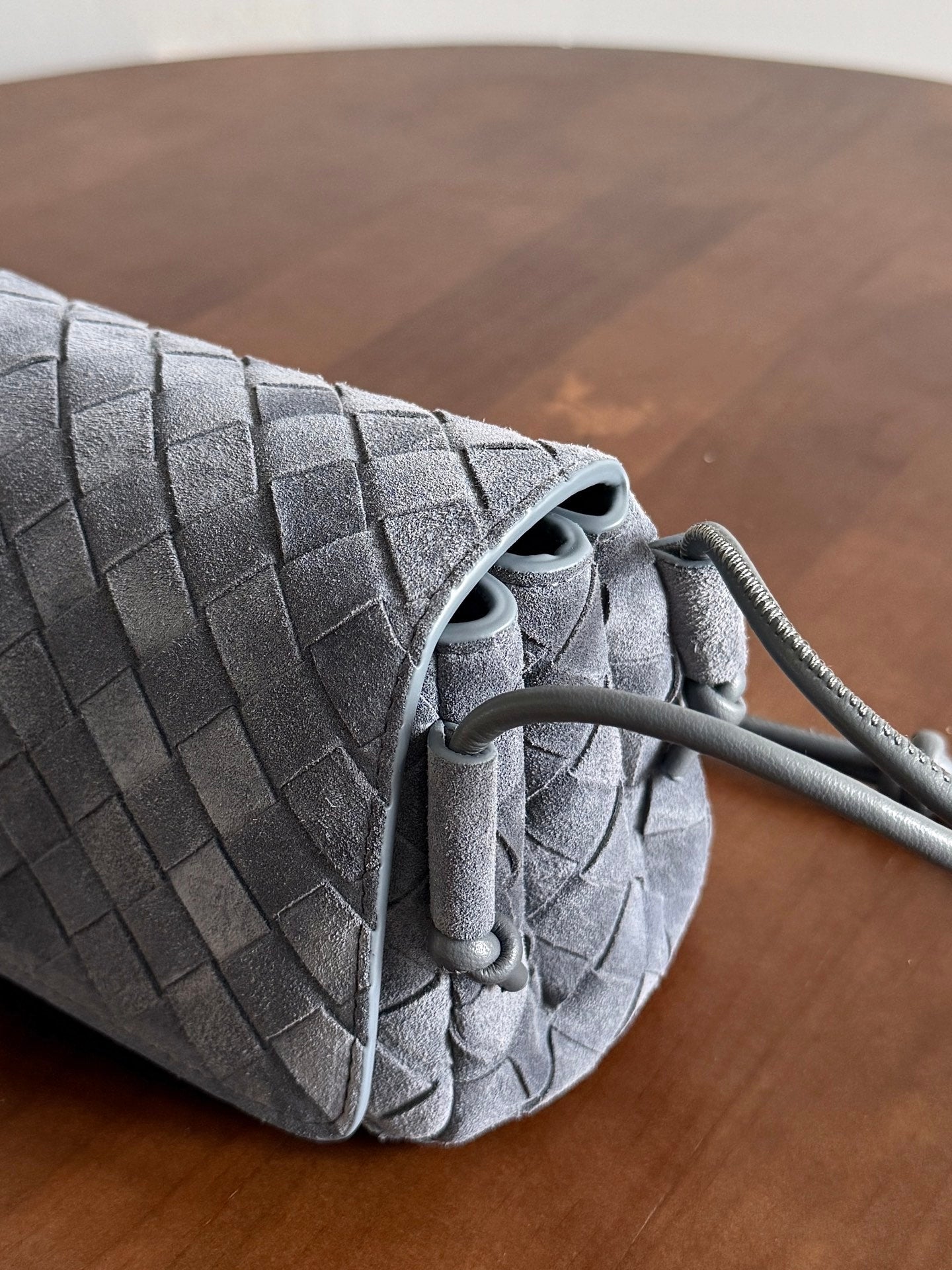 BV Notturno Flap Bag Grey Suede Intrecciato Leather