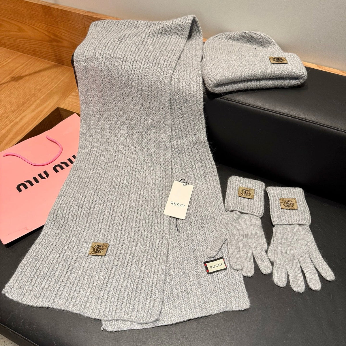 Gucci Accessories Scarf Beanie and Gloves Set Grey Knit 547619