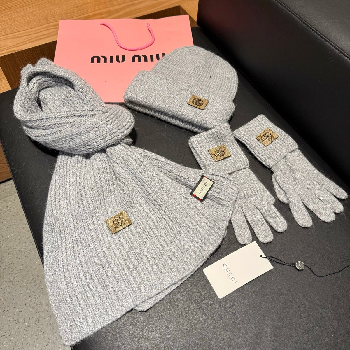 Gucci Accessories Scarf Beanie and Gloves Set Grey Knit 547619