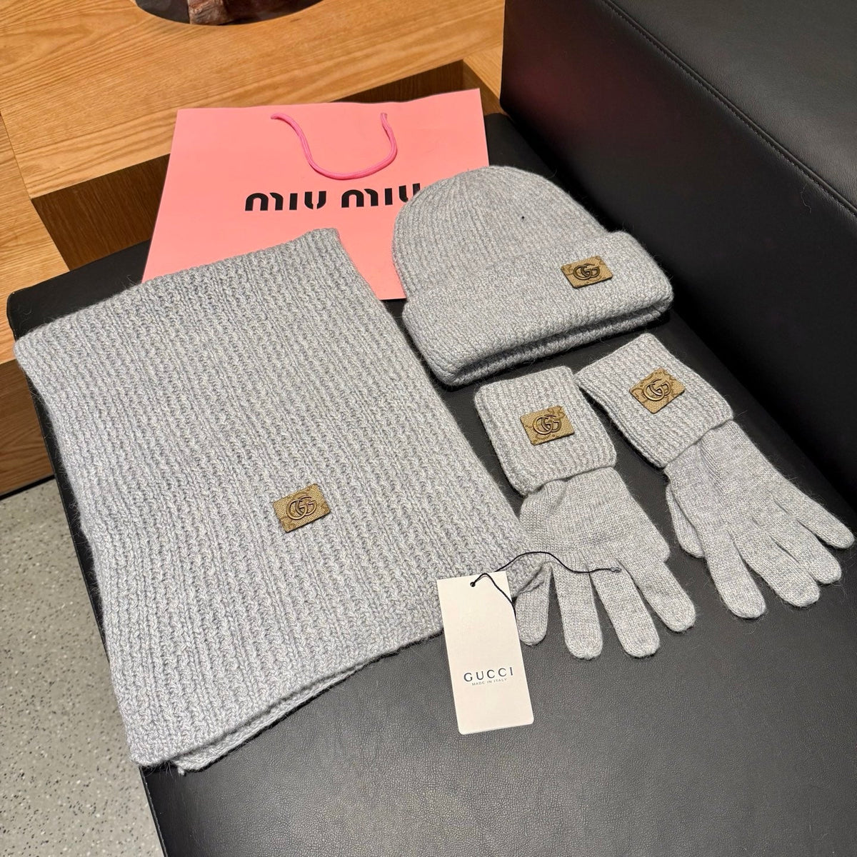 Gucci Accessories Scarf Beanie and Gloves Set Grey Knit 547619