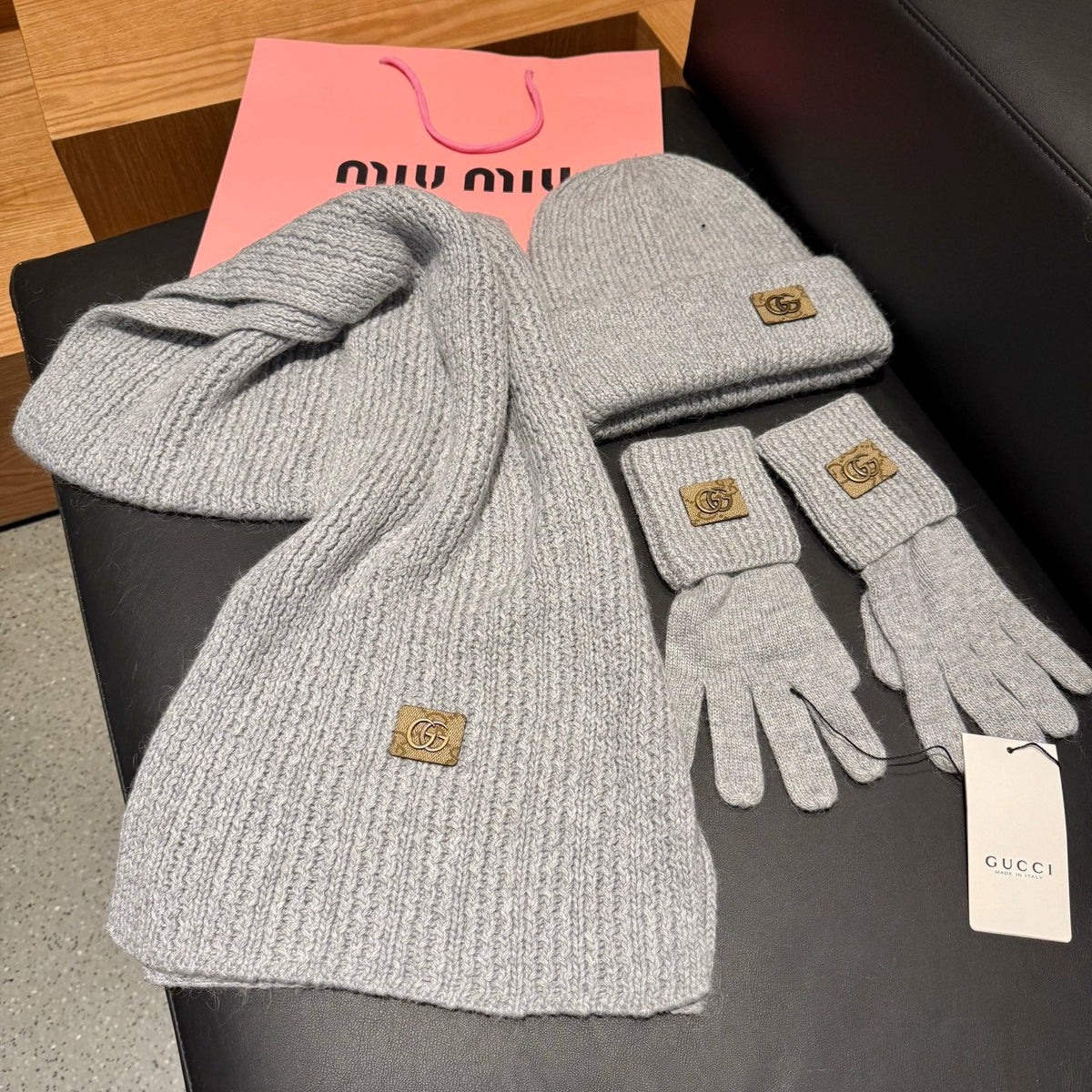 Gucci Accessories Scarf Beanie and Gloves Set Grey Knit 547619