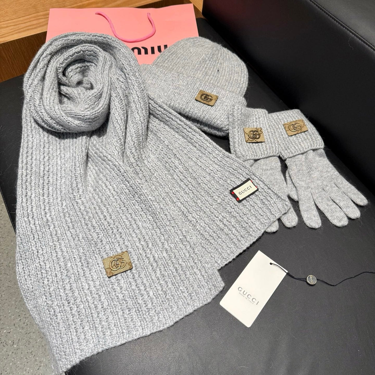 Gucci Accessories Scarf Beanie and Gloves Set Grey Knit 547619