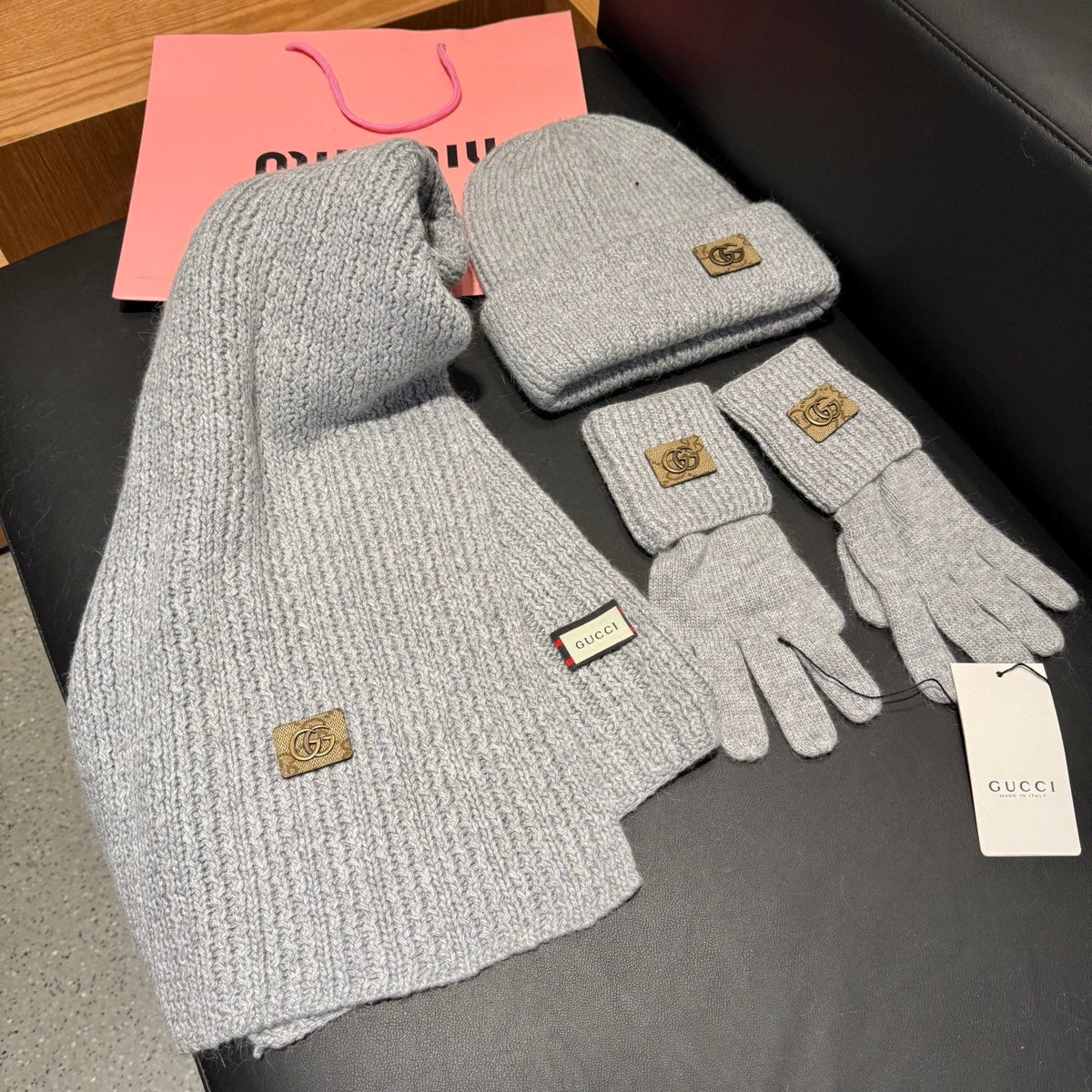 Gucci Accessories Scarf Beanie and Gloves Set Grey Knit 547619
