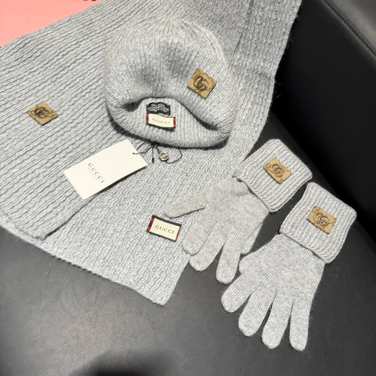 Gucci Accessories Scarf Beanie and Gloves Set Grey Knit 547619