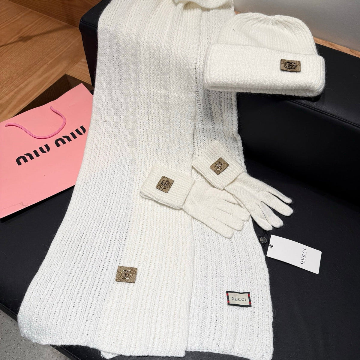 Gucci Accessories Scarf Beanie and Gloves Set White Knit 547620