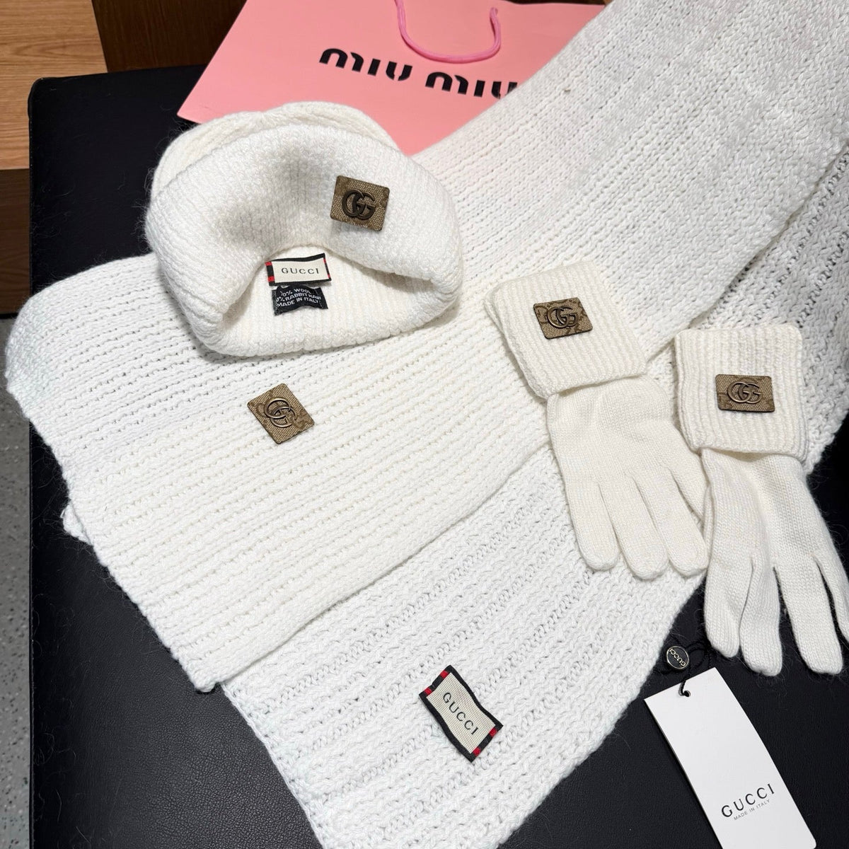 Gucci Accessories Scarf Beanie and Gloves Set White Knit 547620