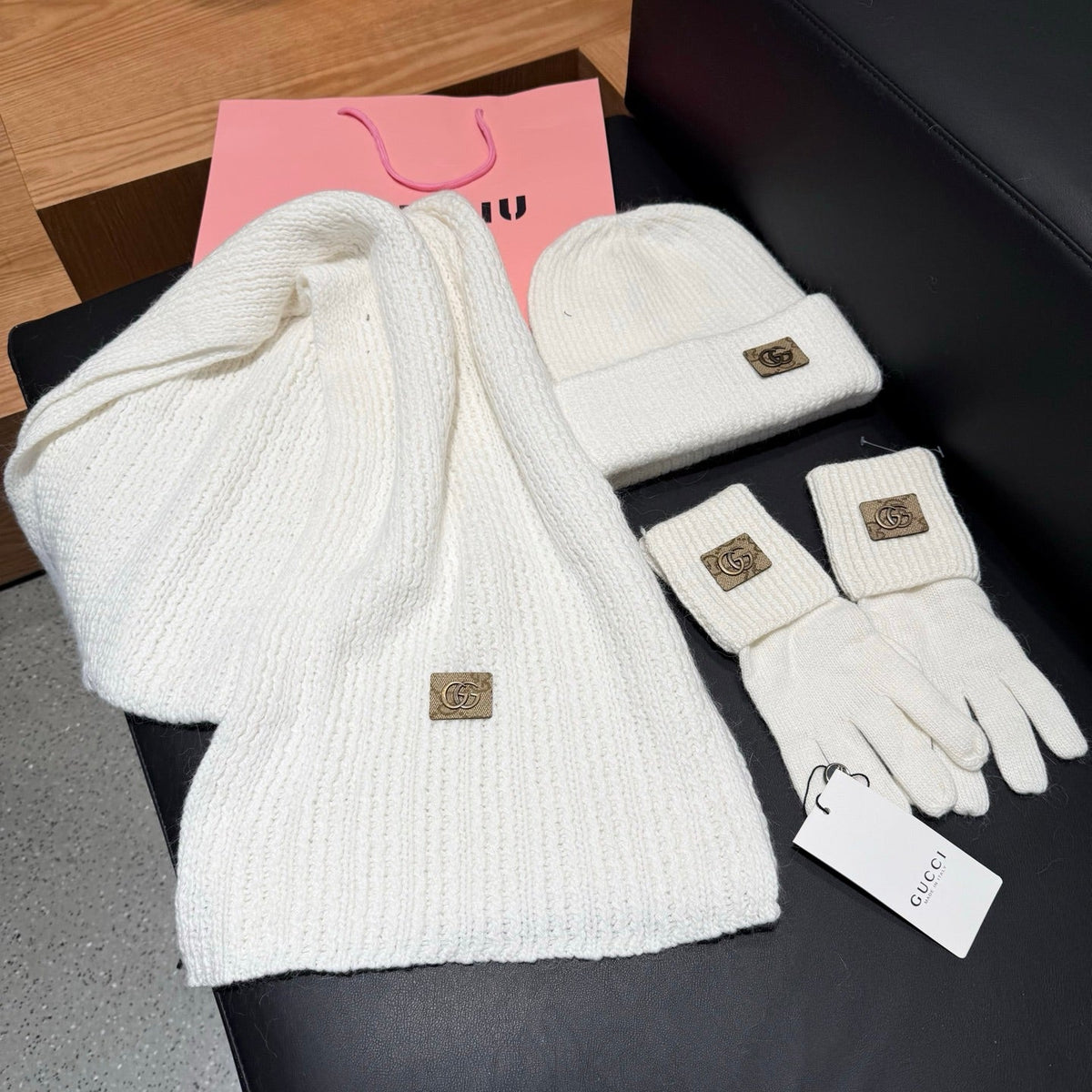 Gucci Accessories Scarf Beanie and Gloves Set White Knit 547620