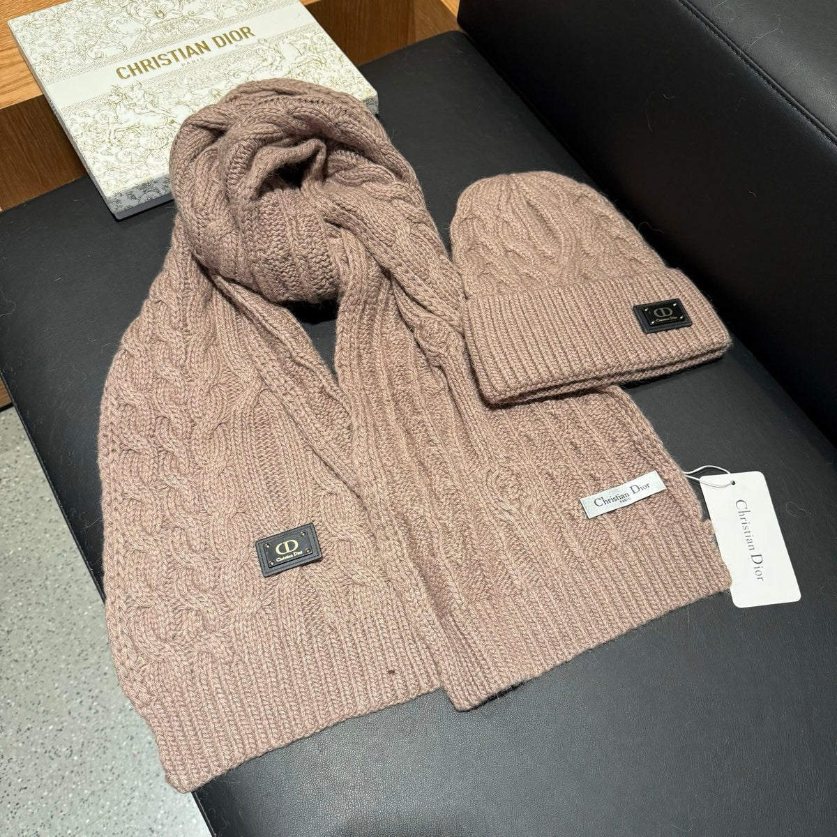Dior Accessories Scarf and Beanie Set Beige Cable Knit 547659