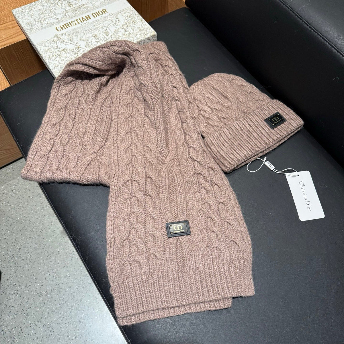 Dior Accessories Scarf and Beanie Set Beige Cable Knit 547659