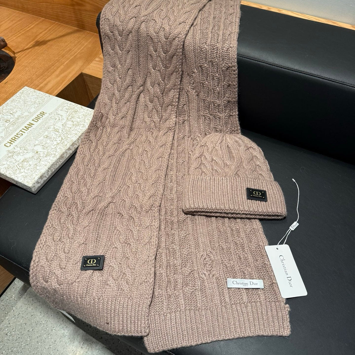 Dior Accessories Scarf and Beanie Set Beige Cable Knit 547659