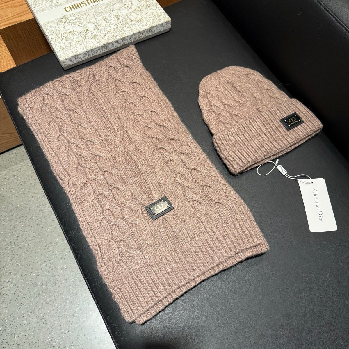 Dior Accessories Scarf and Beanie Set Beige Cable Knit 547659