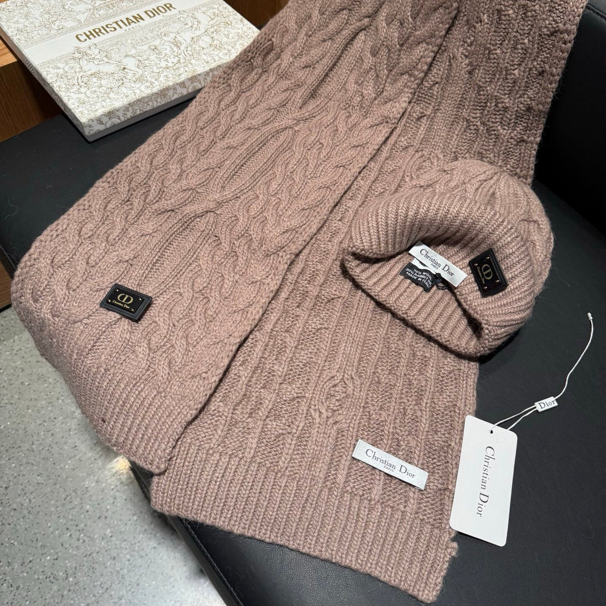 Dior Accessories Scarf and Beanie Set Beige Cable Knit 547659
