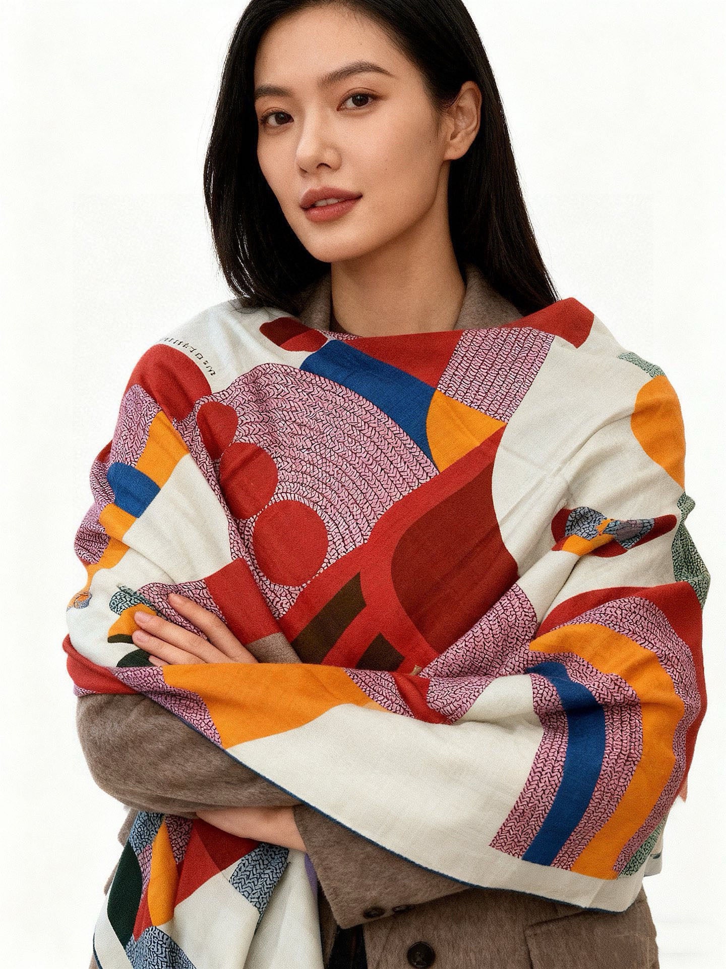 HM Mon Premier Galop Shawl 140cm White Colorful Cashmere Silk 168118