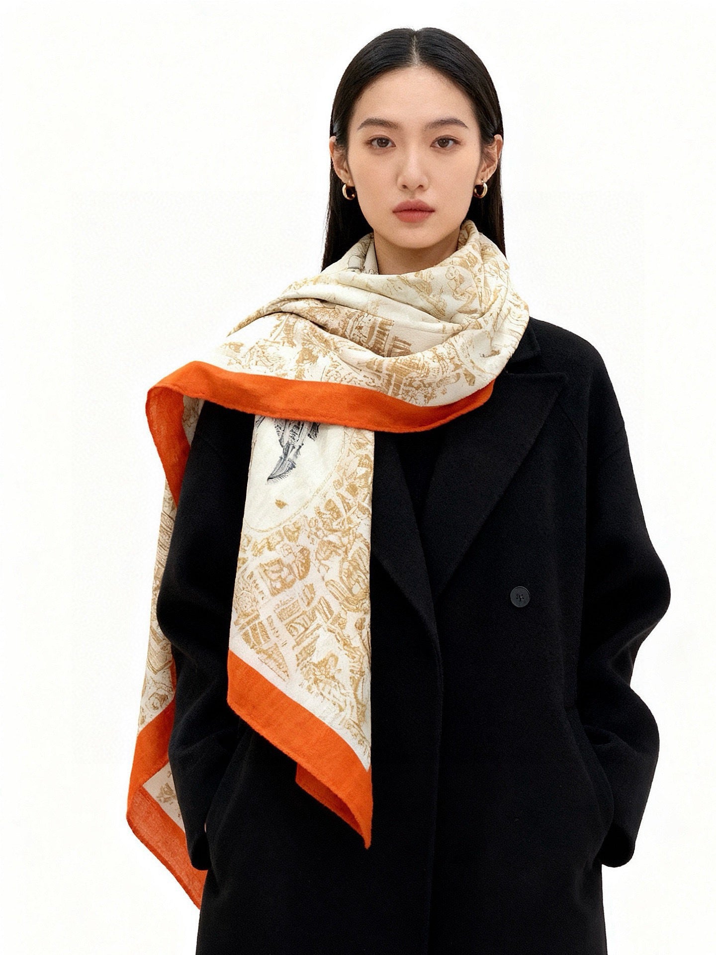 HM La Cité Cavalière shawl 140cm Orange Colorful Cashmere Silk