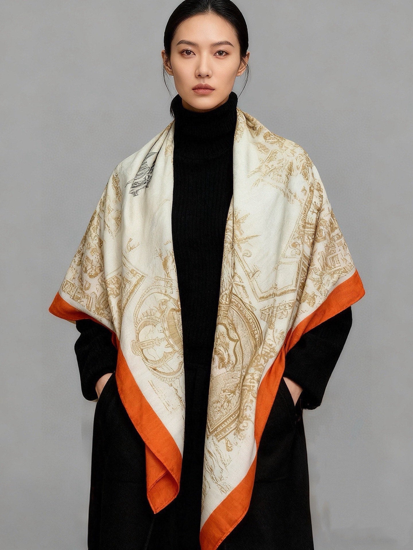 HM La Cité Cavalière shawl 140cm Orange Colorful Cashmere Silk