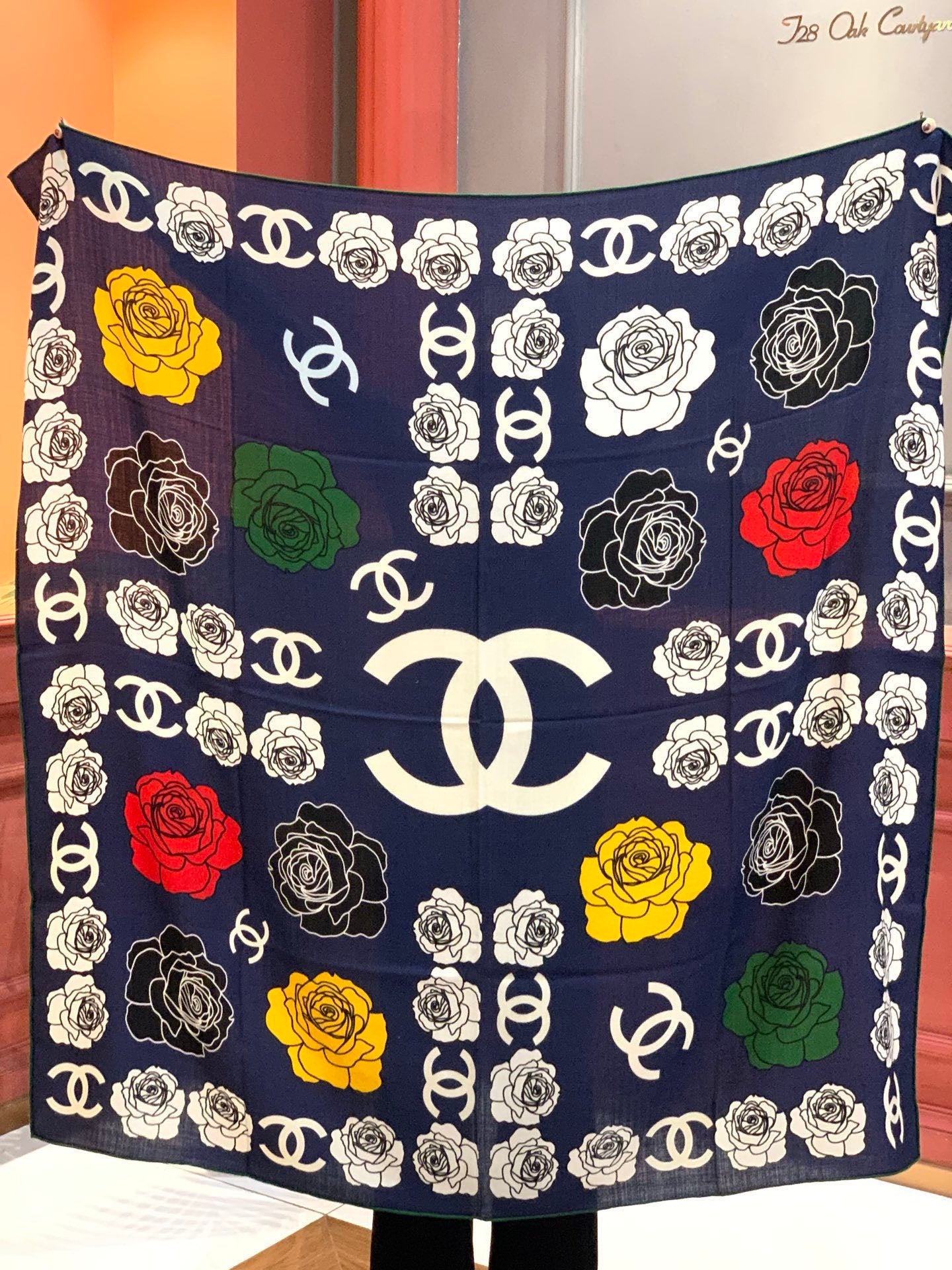 CC Camellia Scarf 140cm Navy Blue Colorful Cashmere Silk 168122