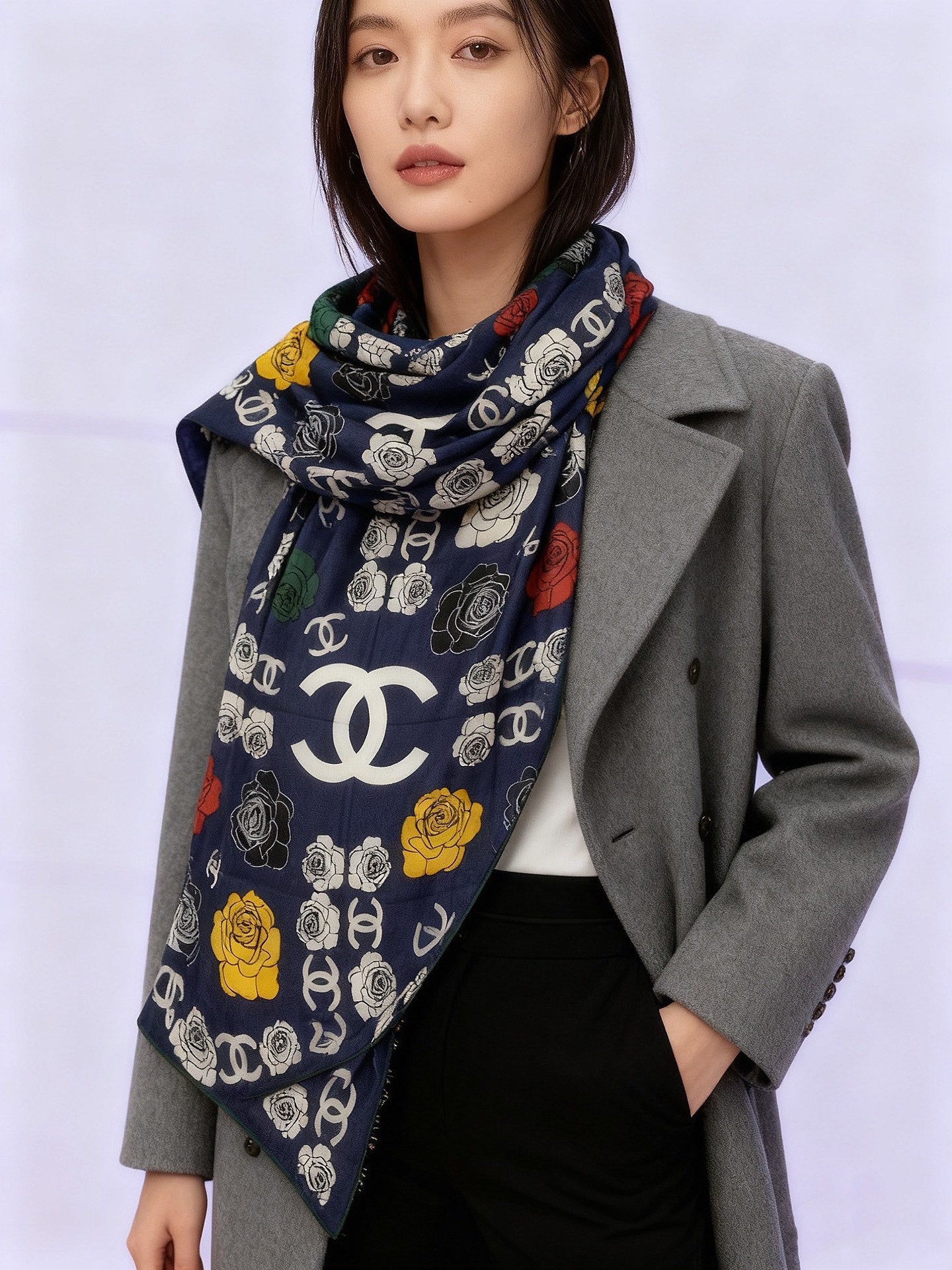 CC Camellia Scarf 140cm Navy Blue Colorful Cashmere Silk 168122