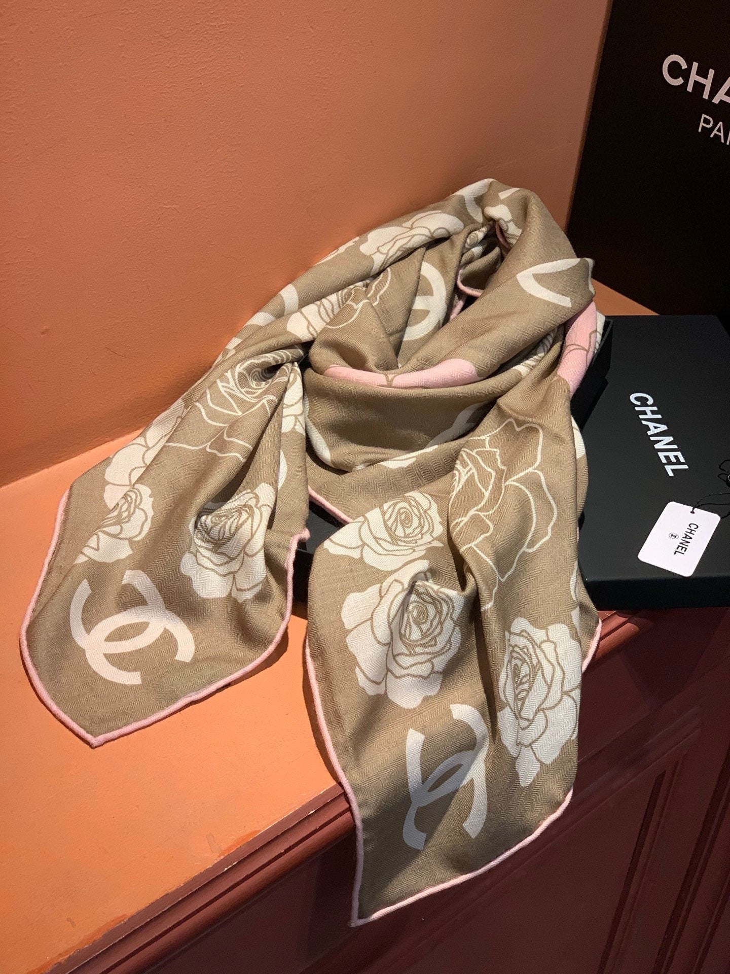 CC Camellia Scarf 140cm Beige Colorful Cashmere Silk 168123